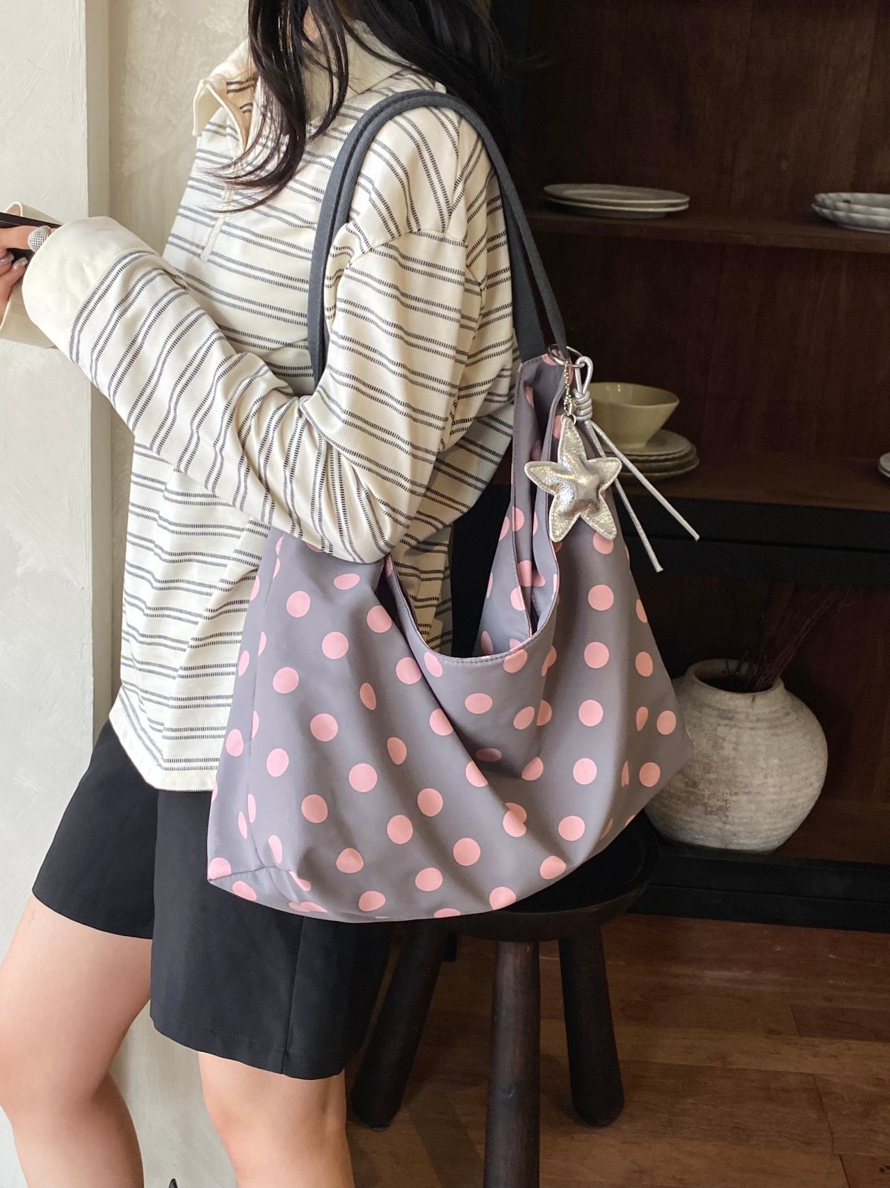 Pink Polka Dot Shoulder Bag with Star Charm