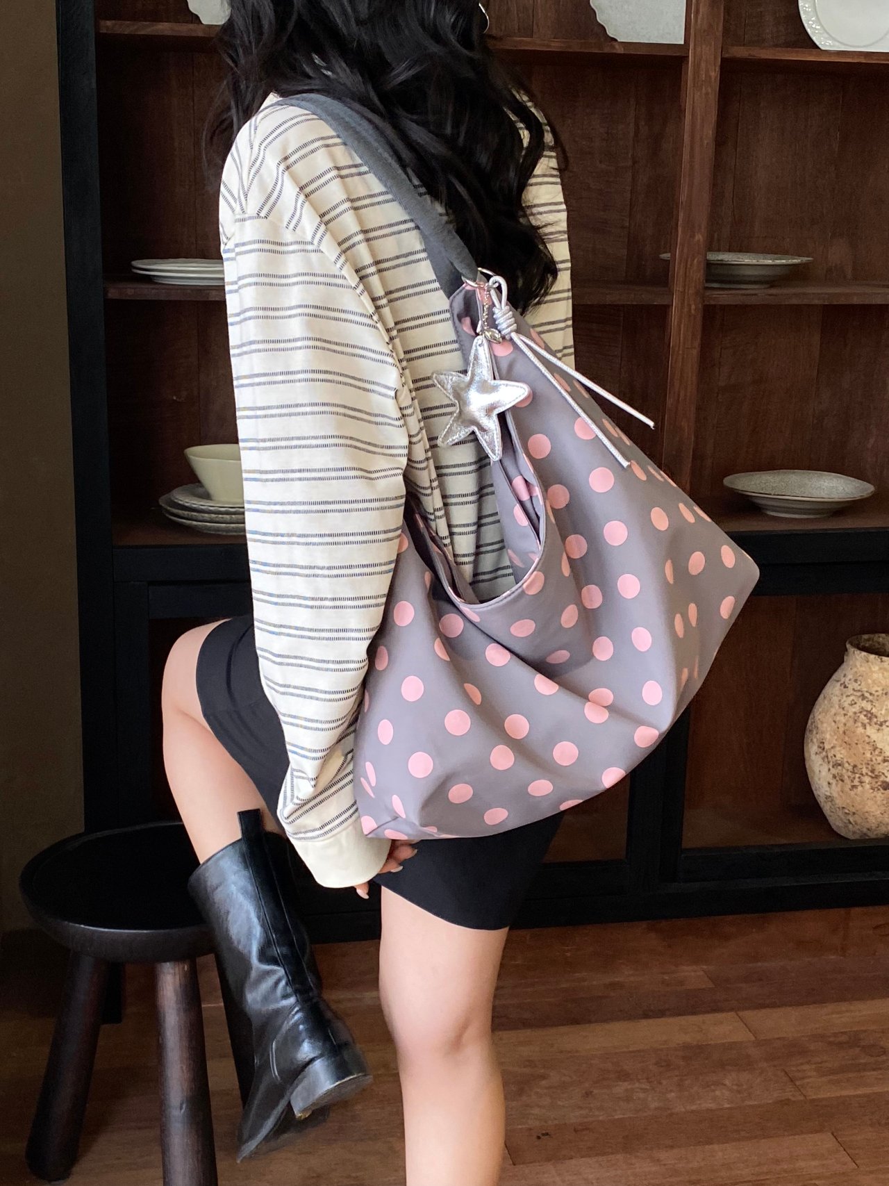Pink Polka Dot Shoulder Bag with Star Charm