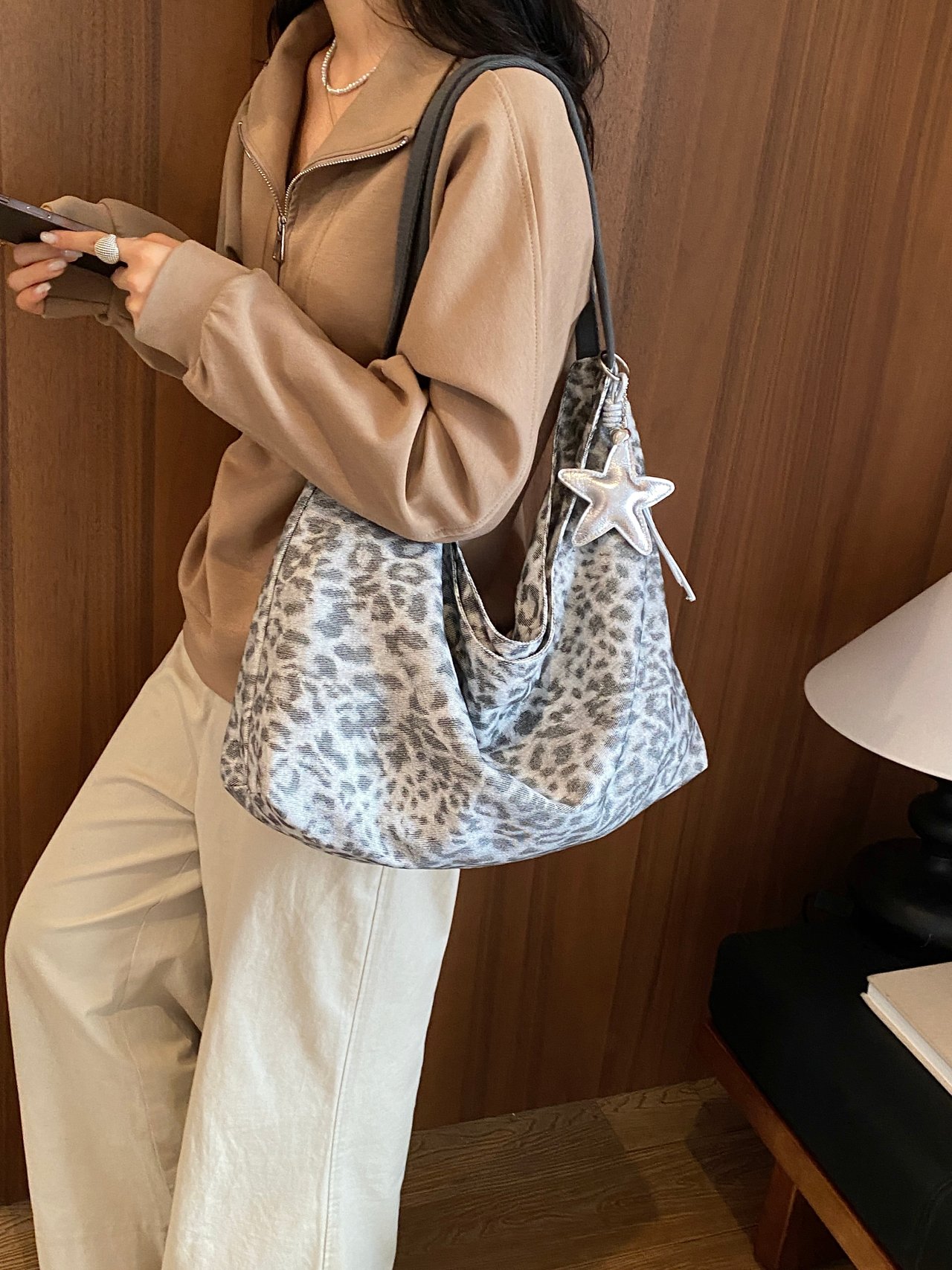 Leopard Print Shoulder Bag with Star Charm