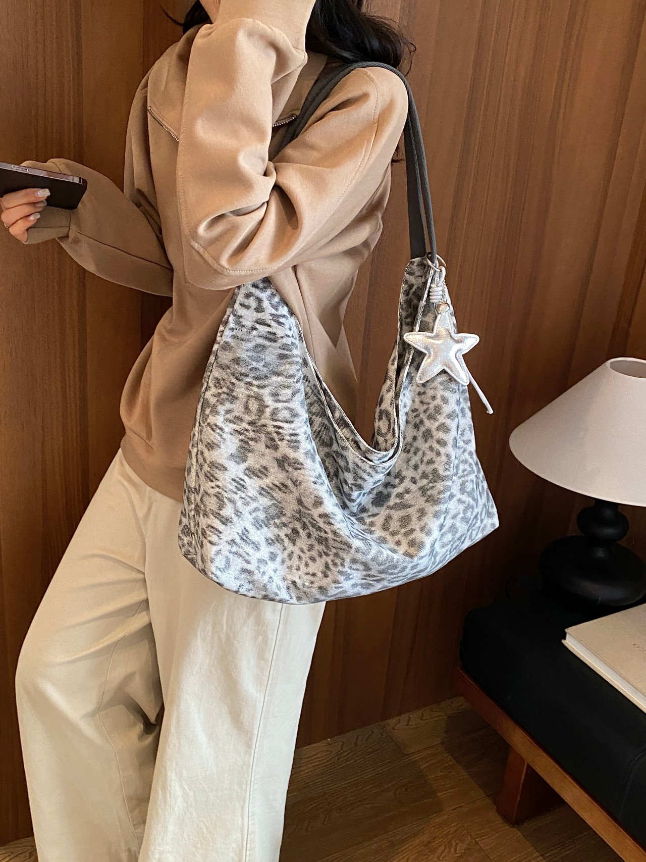 Leopard Print Shoulder Bag with Star Charm