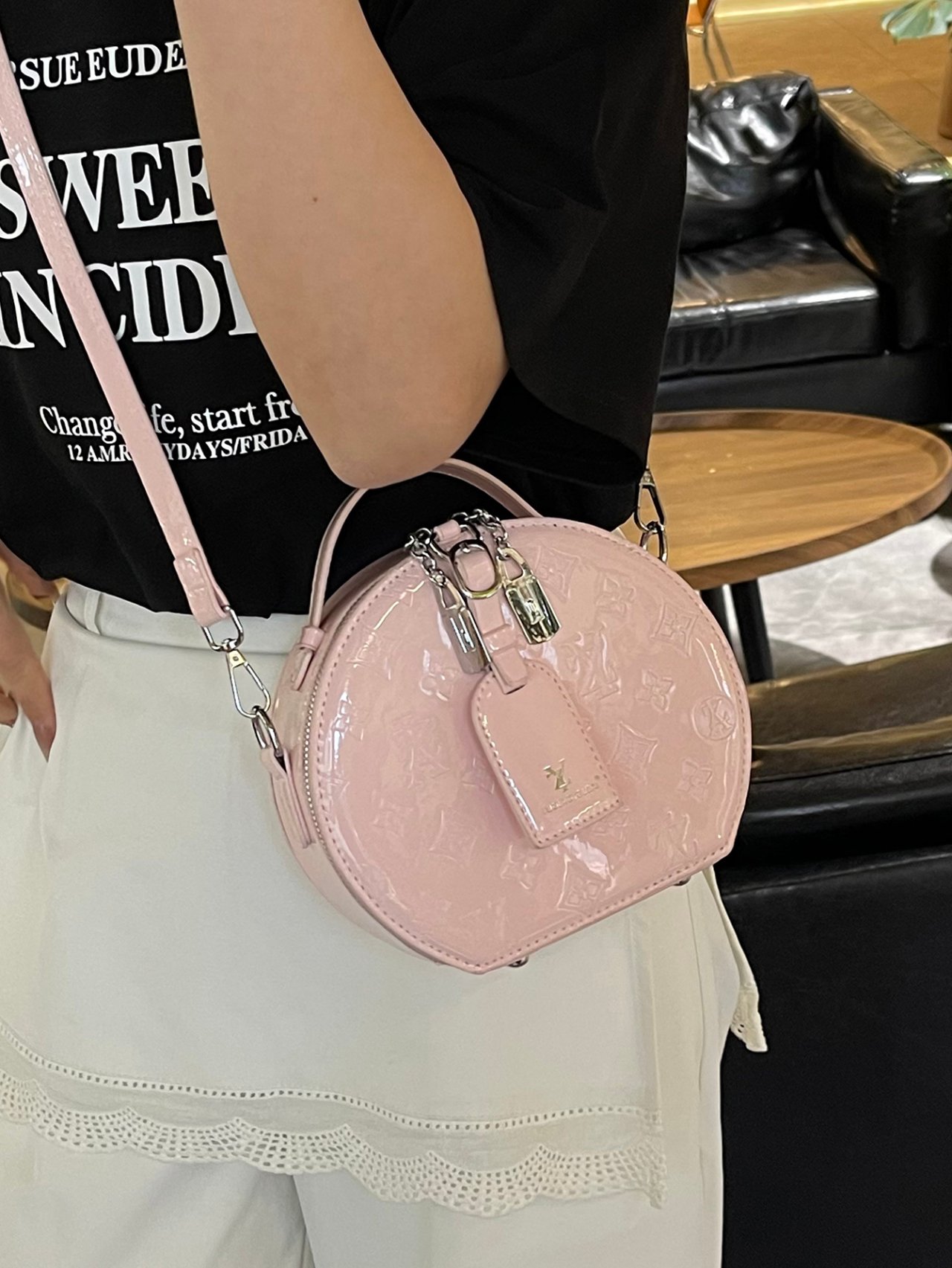 Pink Patent Leather Crossbody Bag with Monogram Embossing