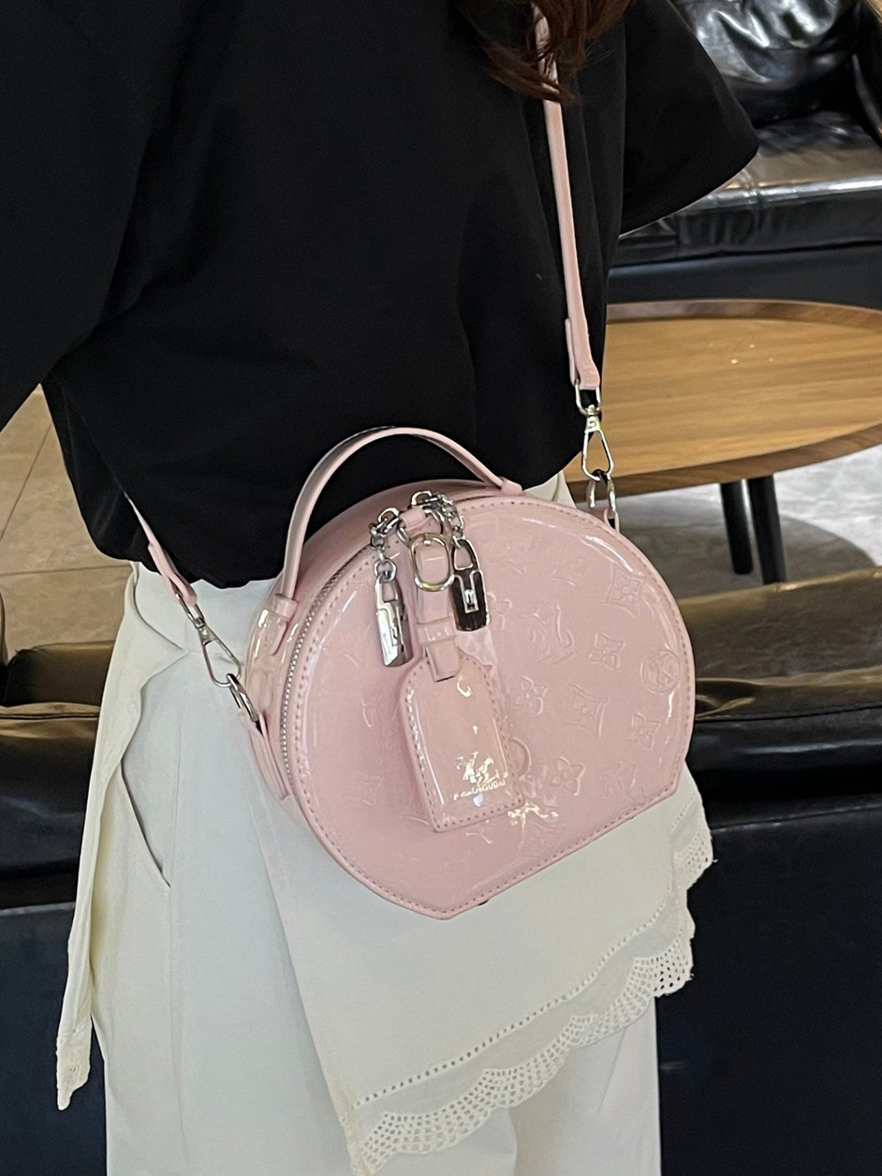Pink Patent Leather Crossbody Bag with Monogram Embossing