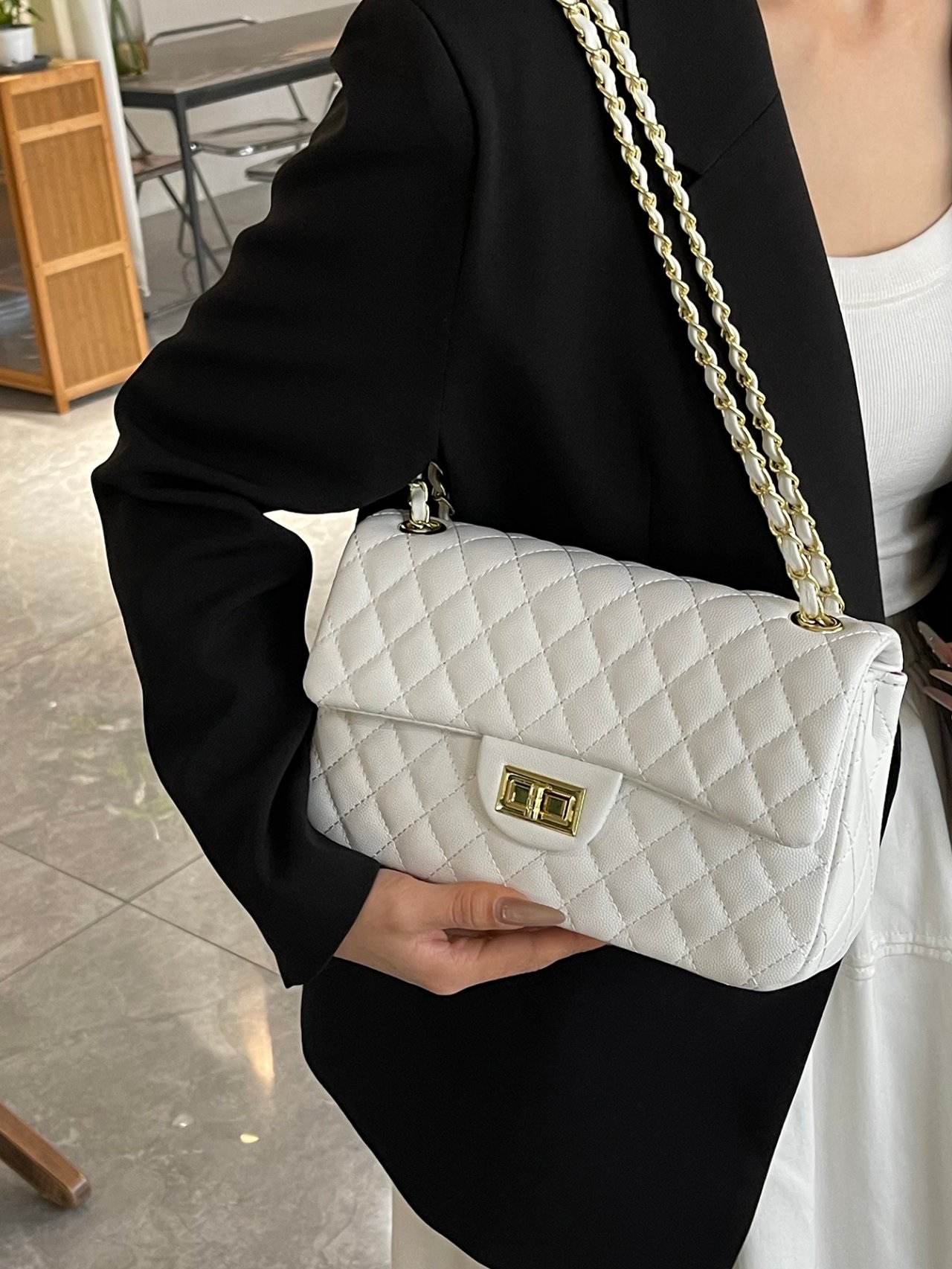 White Texture Shoulder Bag with Turn Lock