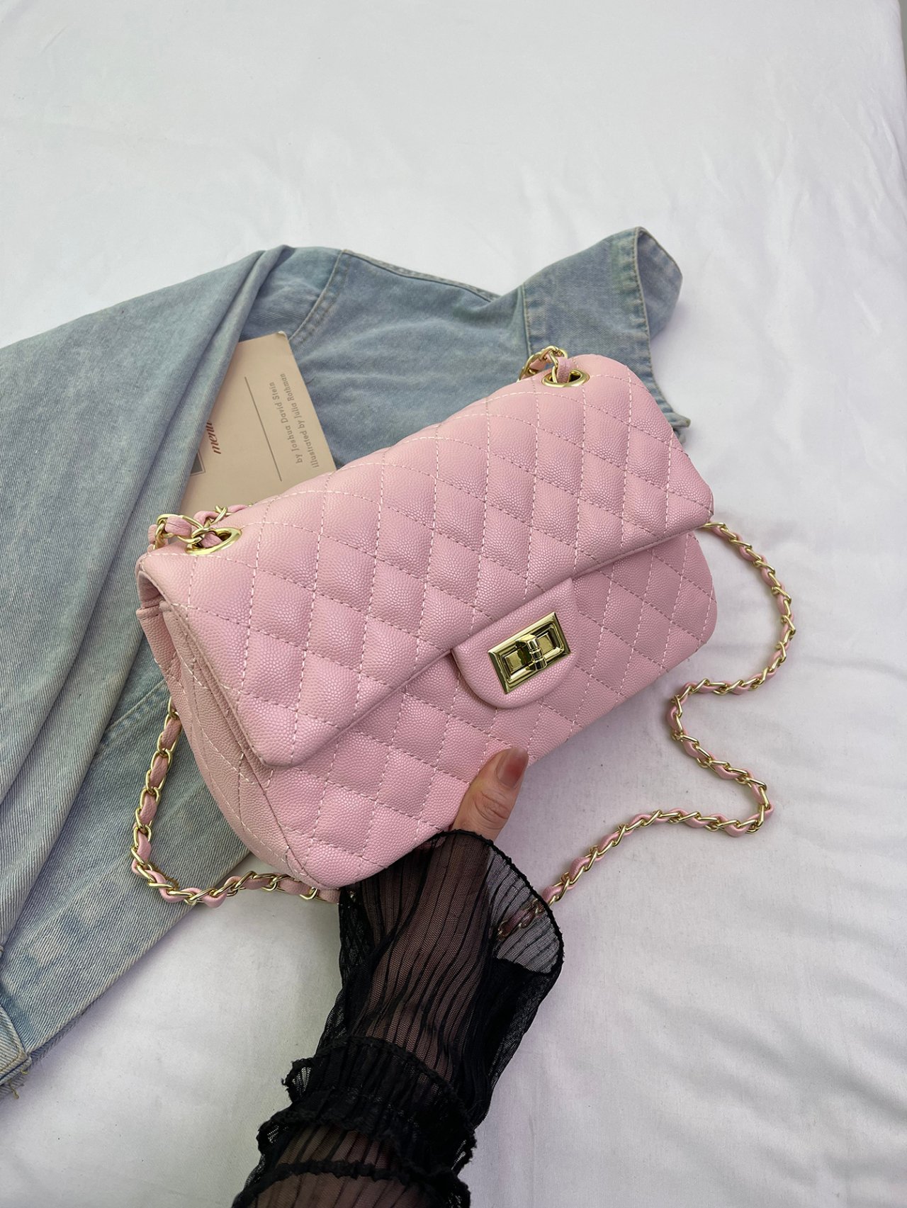 Pink Texture Shoulder Bag with Turn Lock