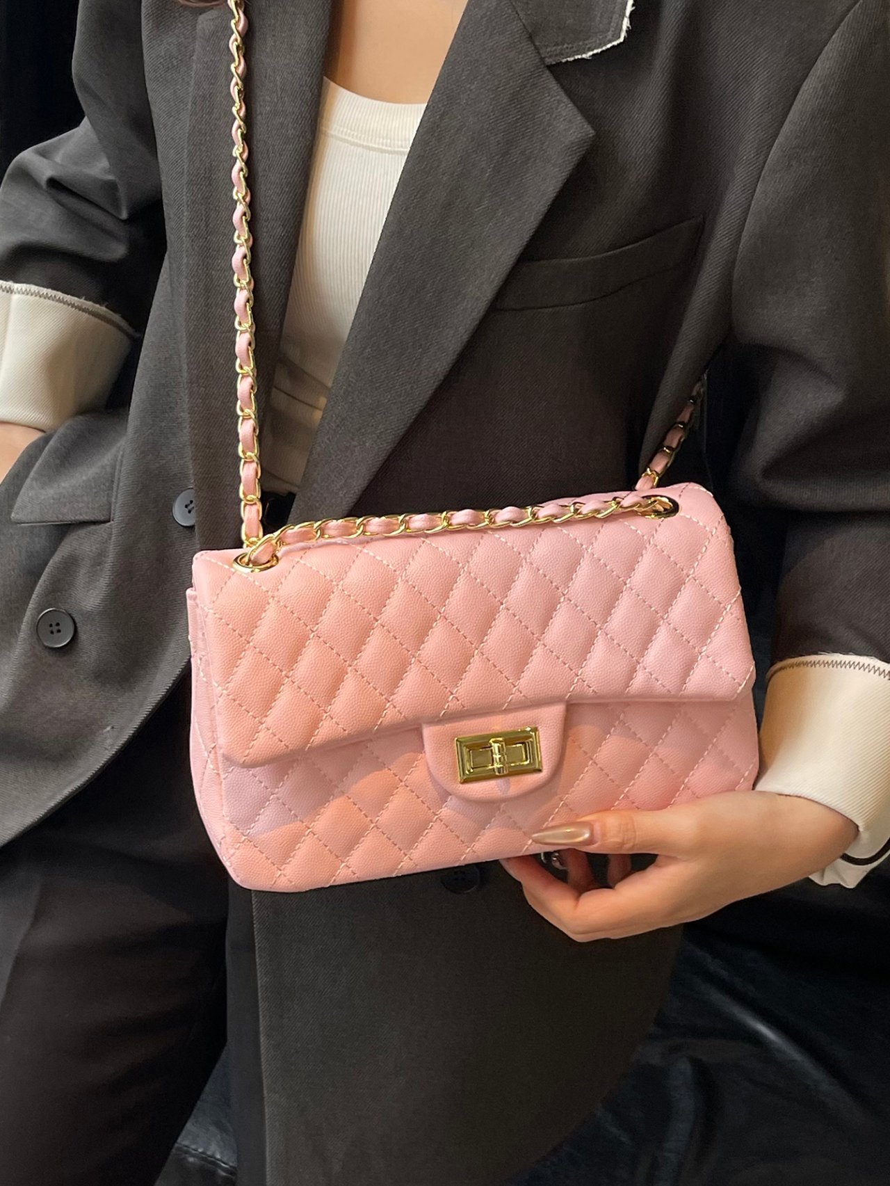 Pink Texture Shoulder Bag with Turn Lock