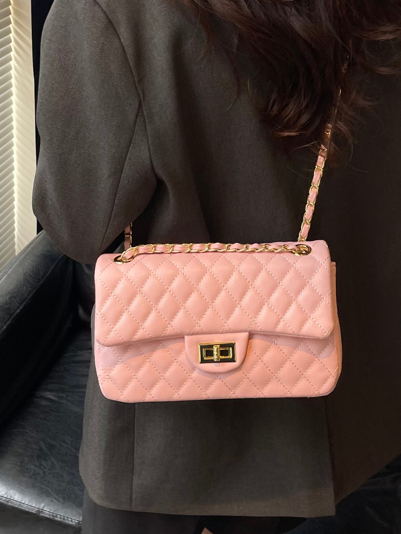 Pink Texture Shoulder Bag with Turn Lock