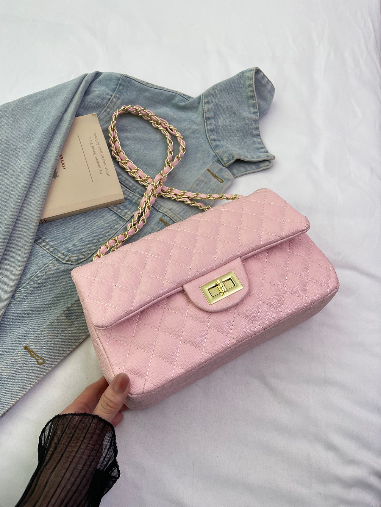 Pink Texture Shoulder Bag with Turn Lock