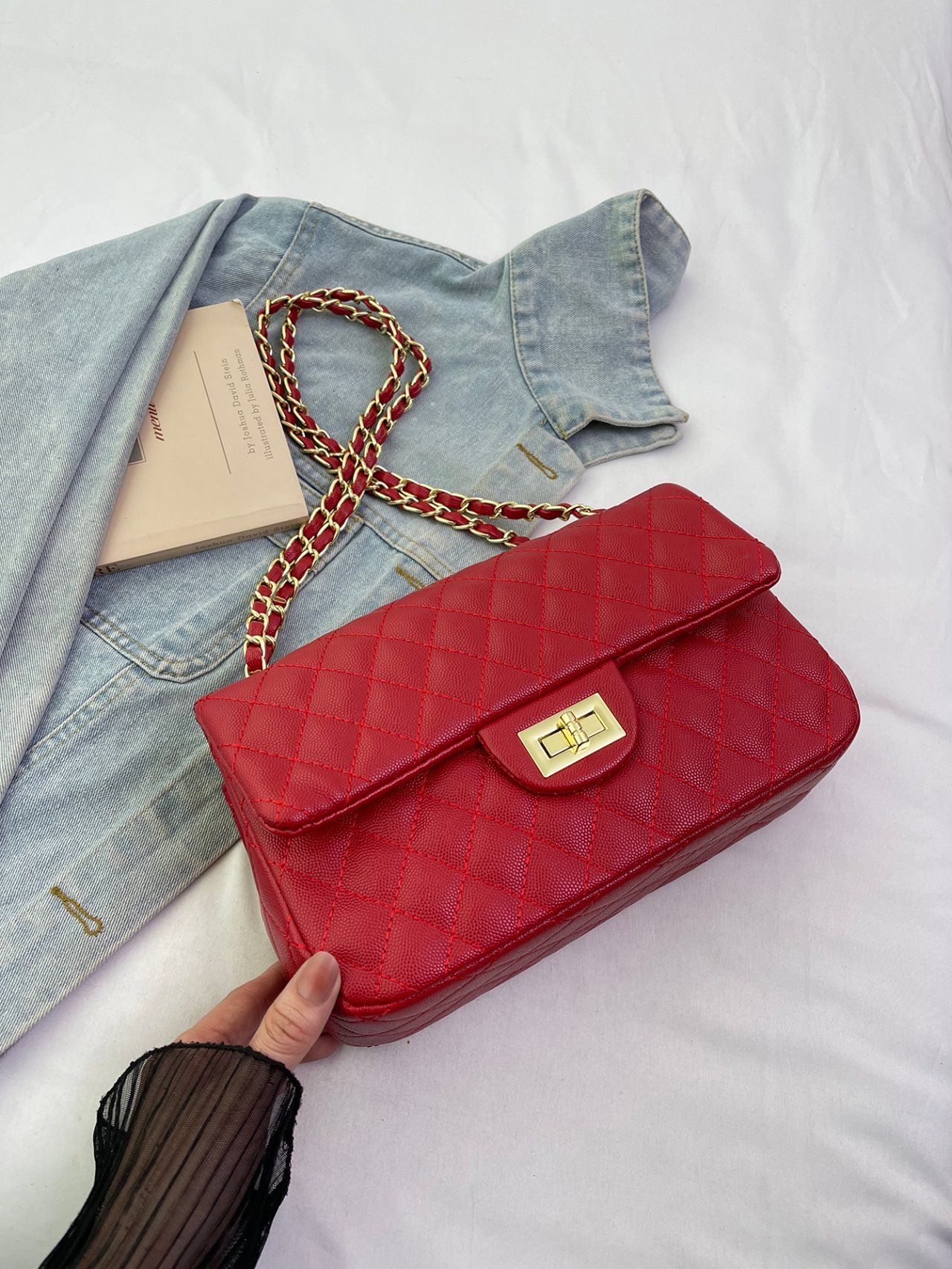 Red Texture Shoulder Bag with Turn Lock