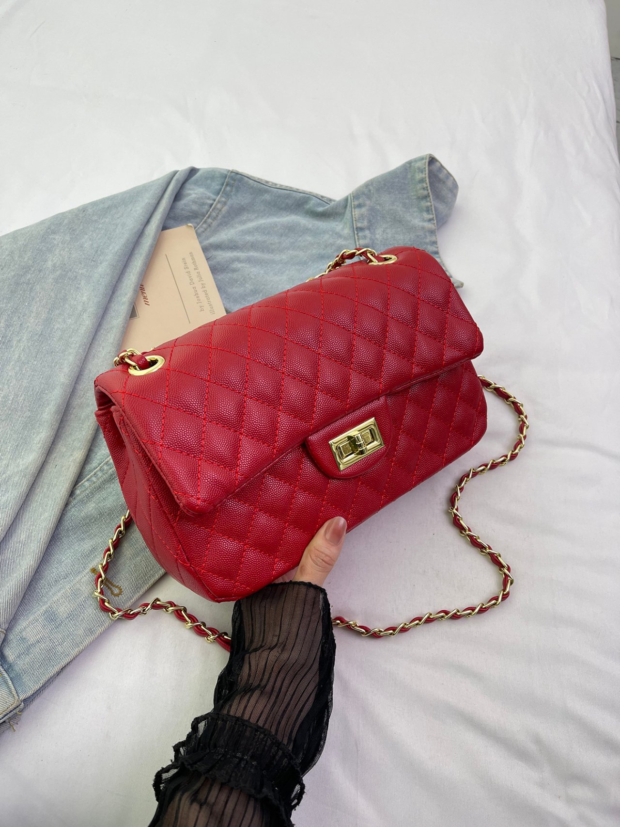 Red Texture Shoulder Bag with Turn Lock