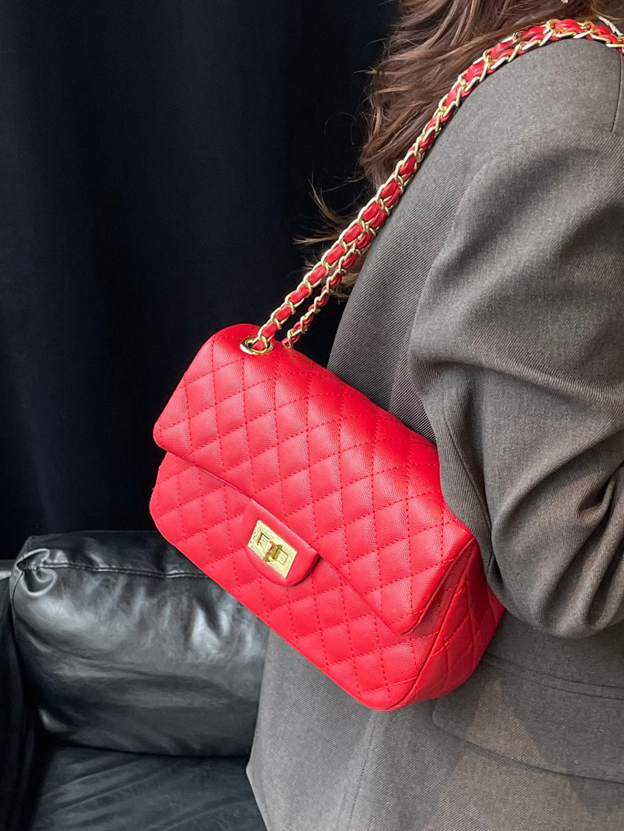Red Texture Shoulder Bag with Turn Lock