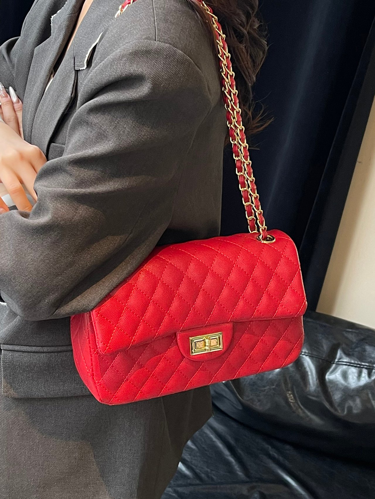 Red Texture Shoulder Bag with Turn Lock