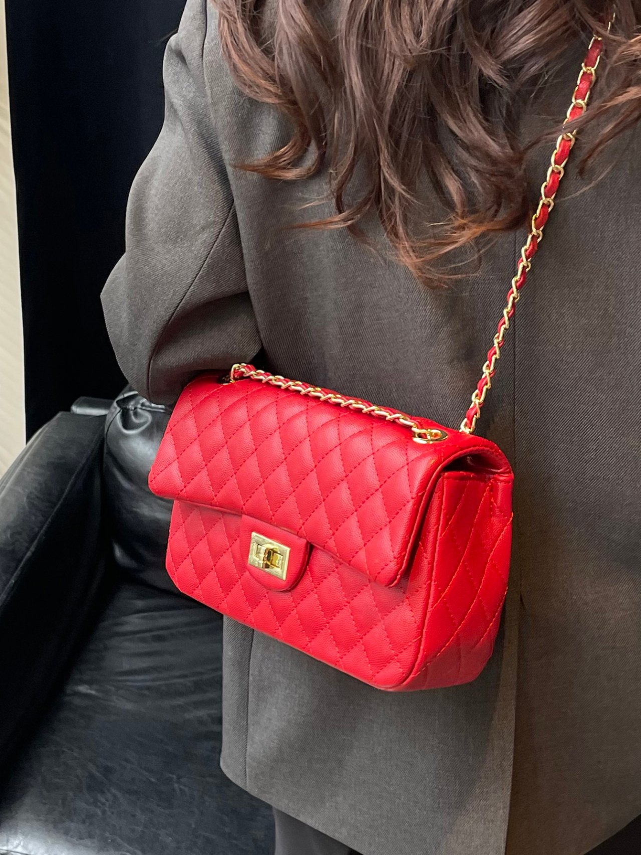 Red Texture Shoulder Bag with Turn Lock