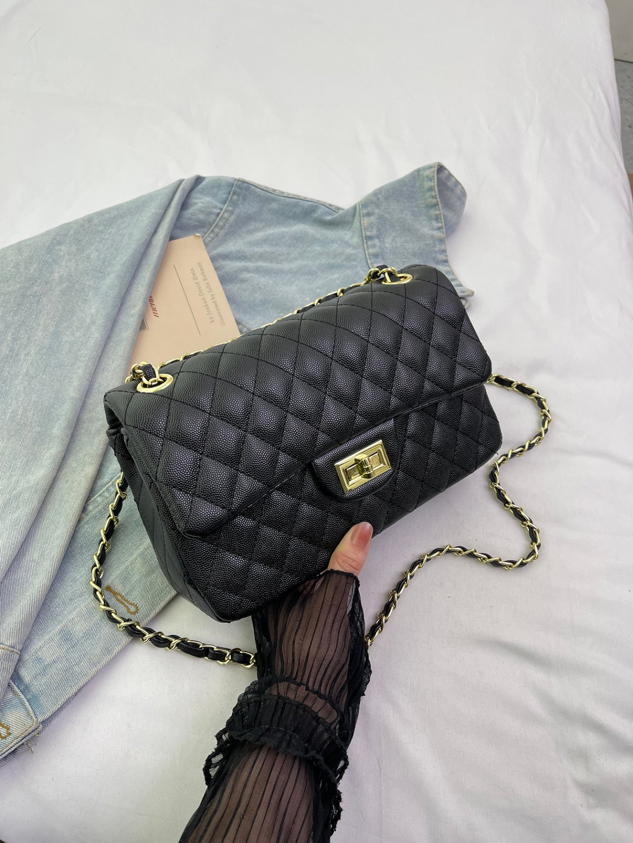 Black Texture Shoulder Bag with Turn Lock