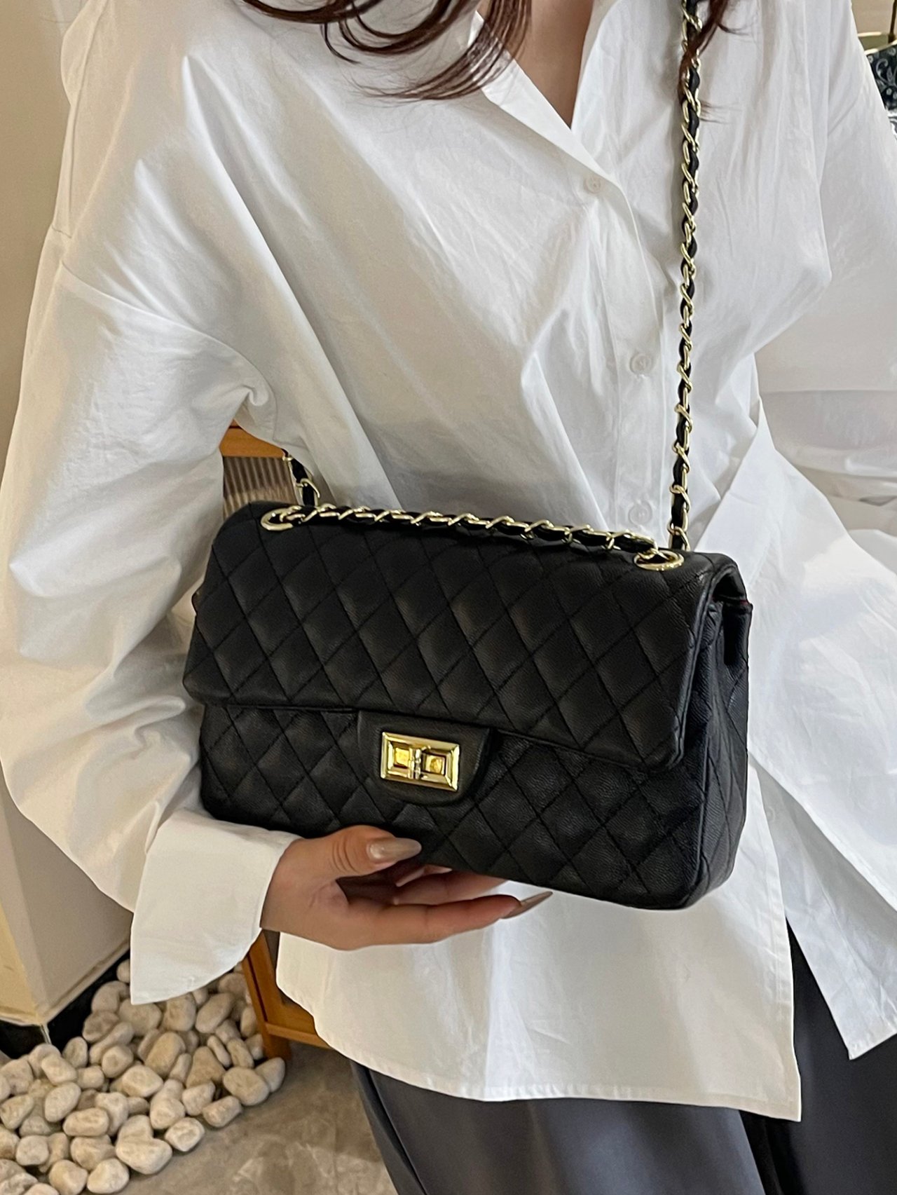 Black Texture Shoulder Bag with Turn Lock