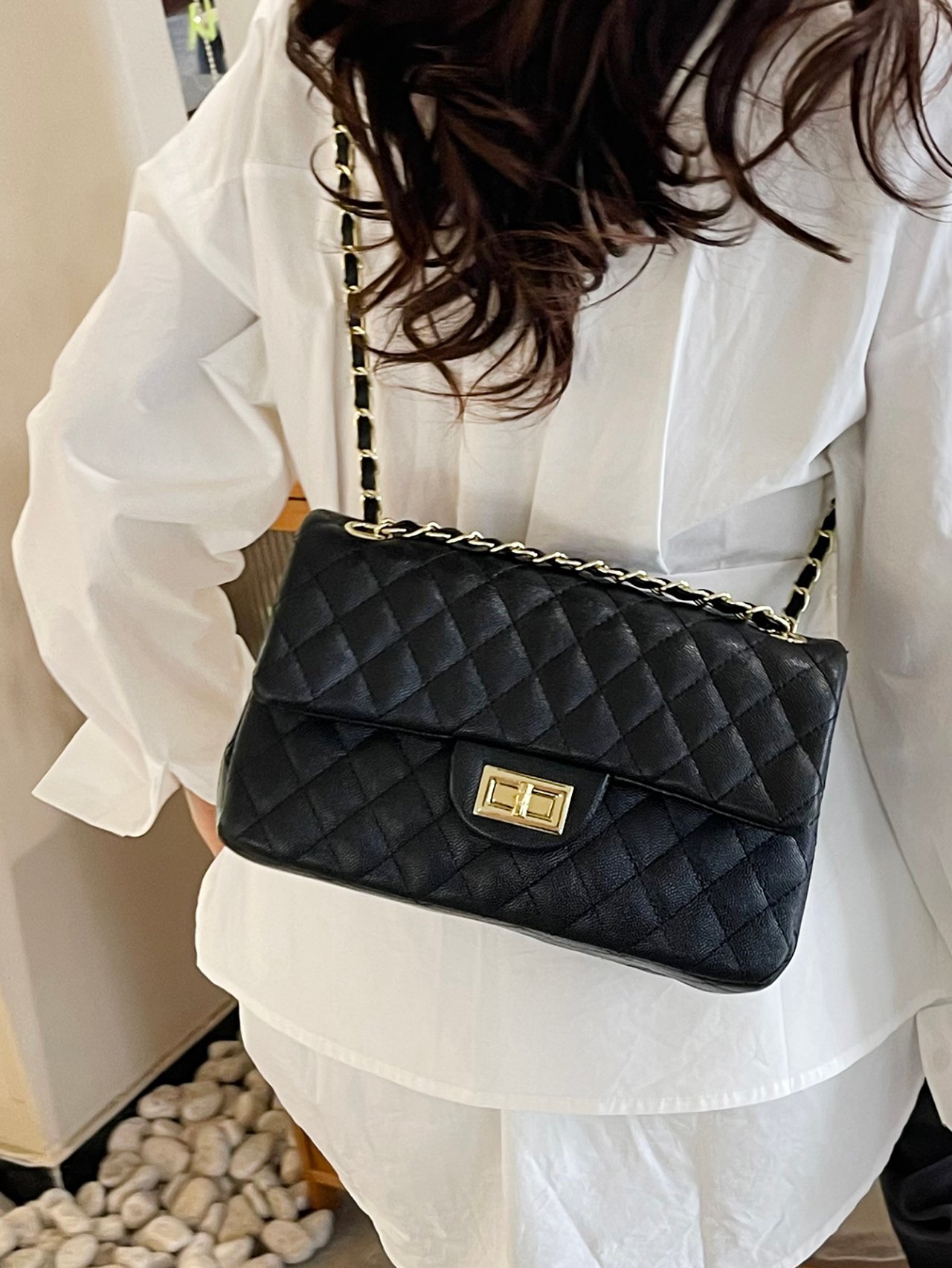 Black Texture Shoulder Bag with Turn Lock