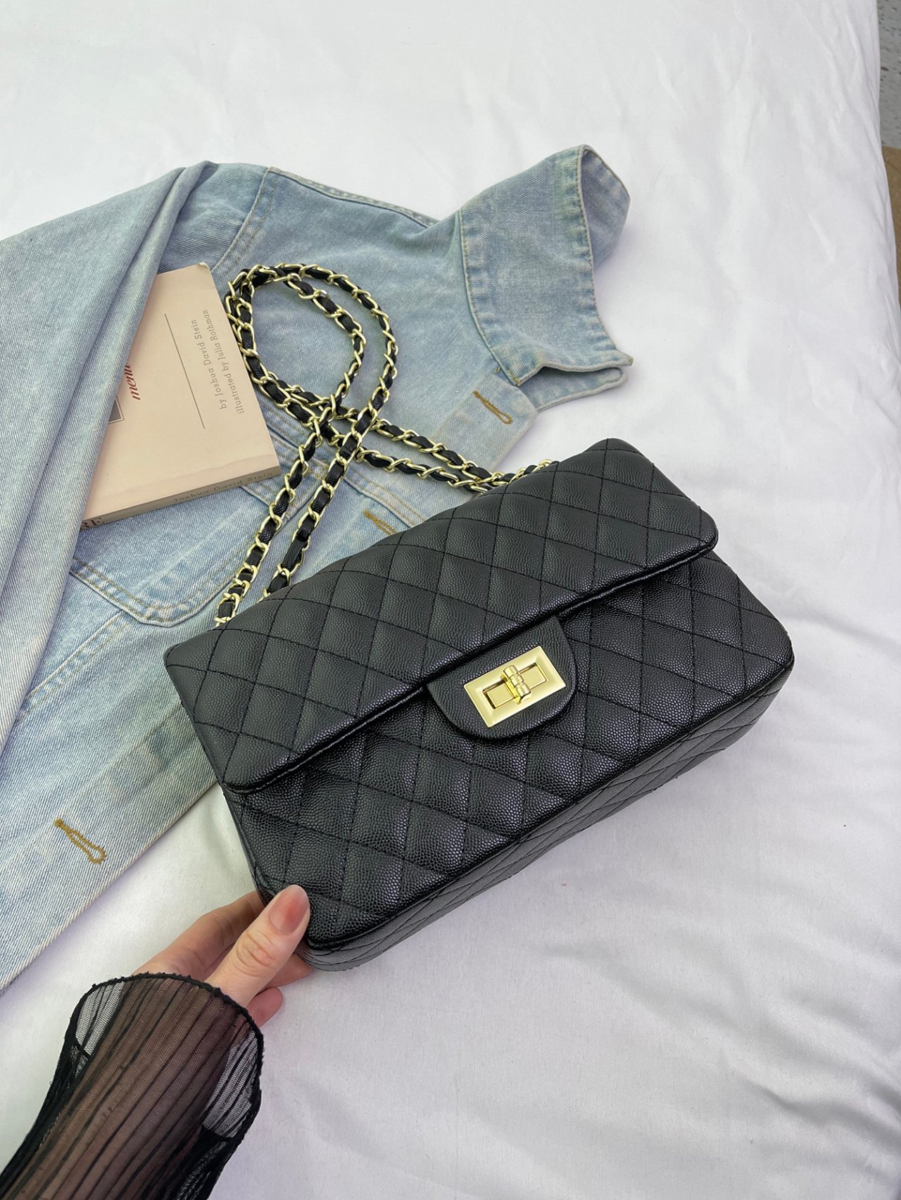 Black Texture Shoulder Bag with Turn Lock