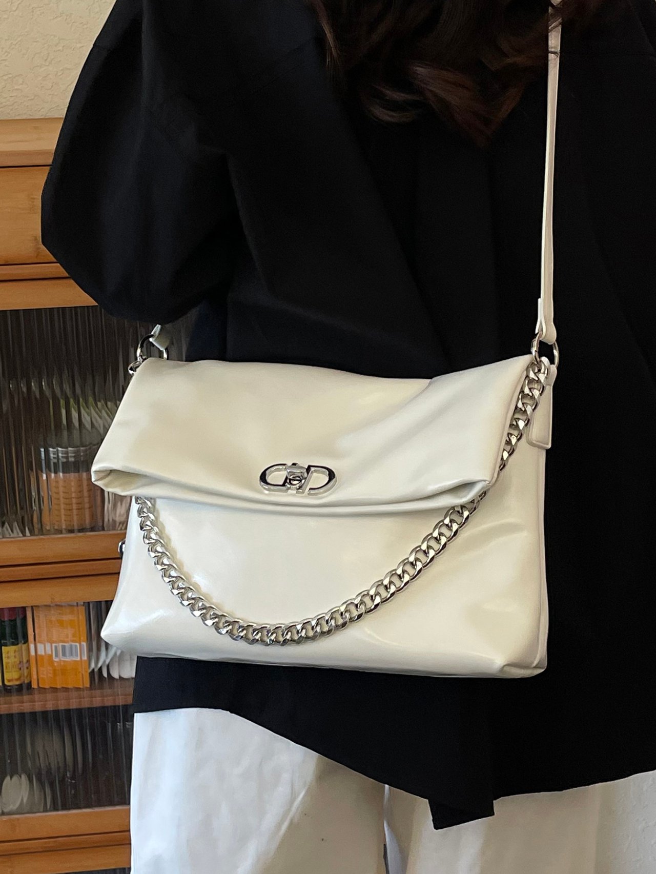 Off White Solid Shoulder Bag with Magnetic Closure