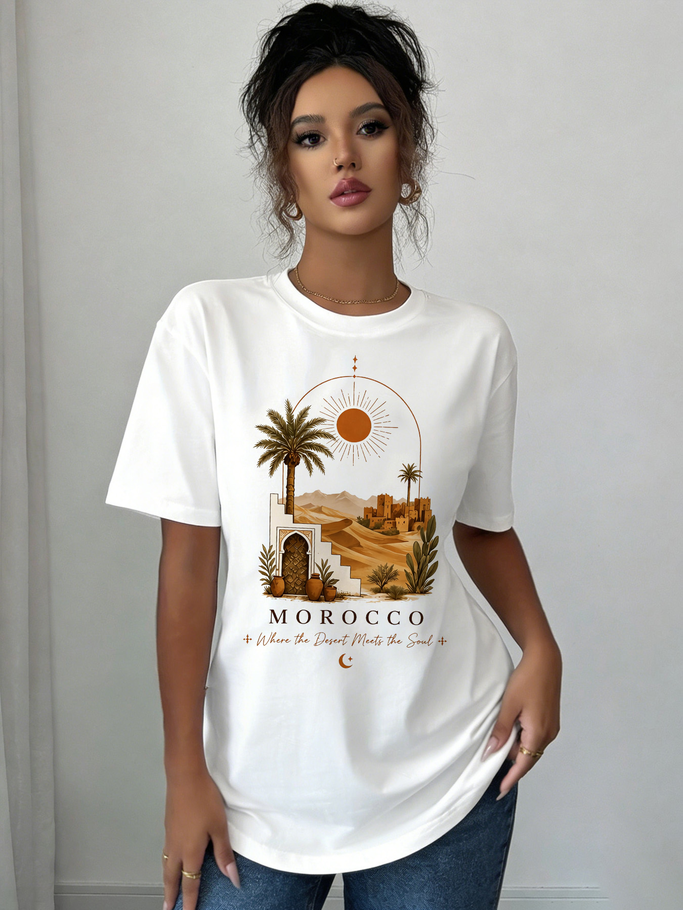 White Printed Round Neck Regular T-Shirt