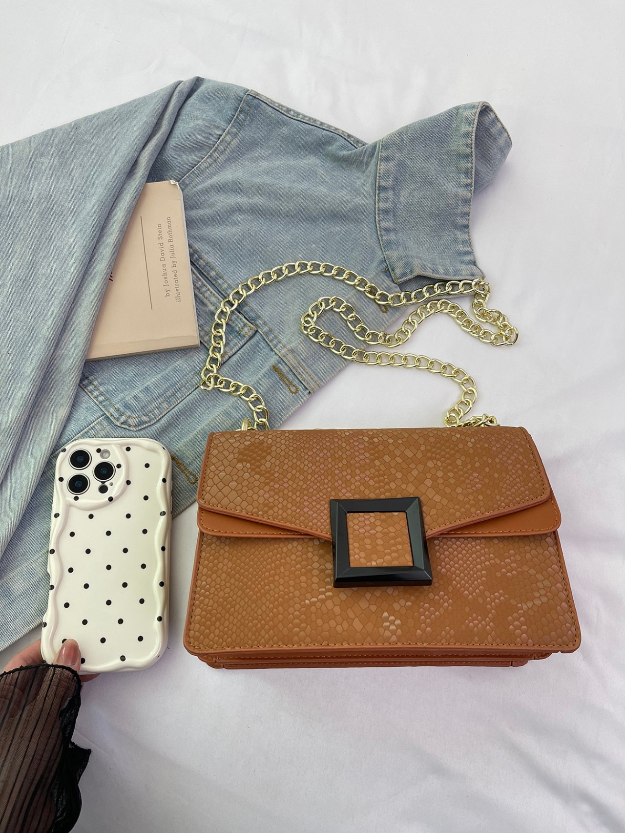 Brown Texture Shoulder Bag with Clasp