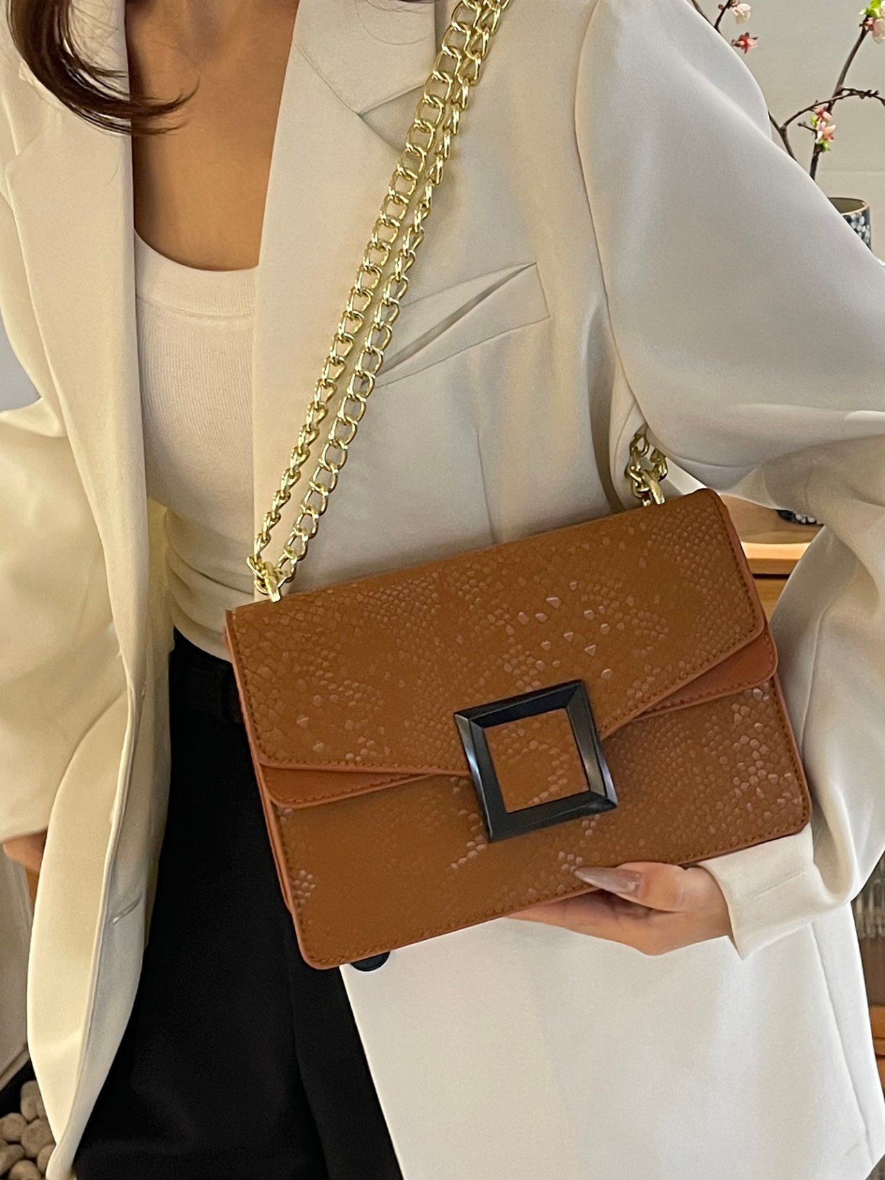 Brown Texture Shoulder Bag with Clasp