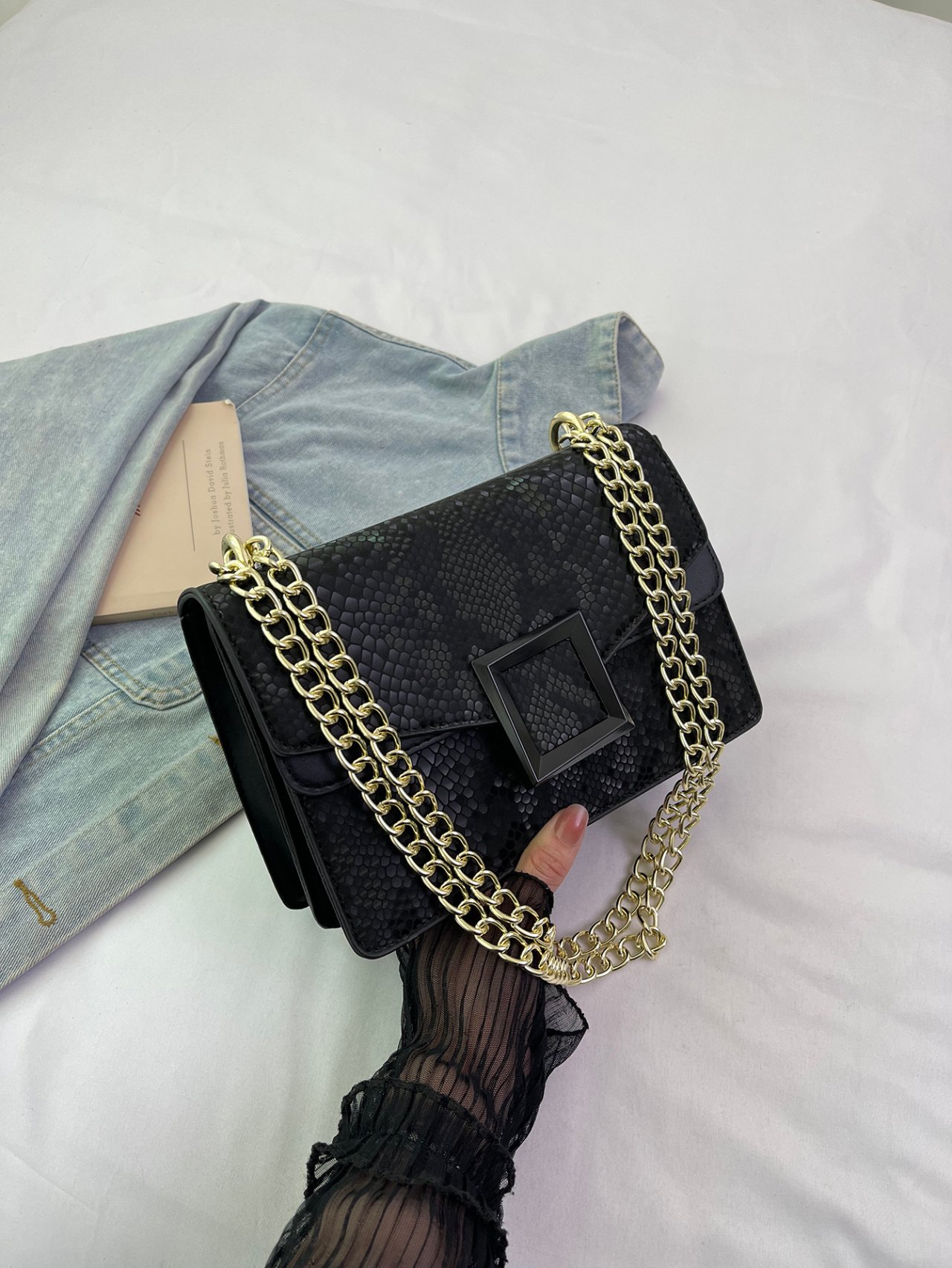 Black Printed Shoulder Bag with Magnetic