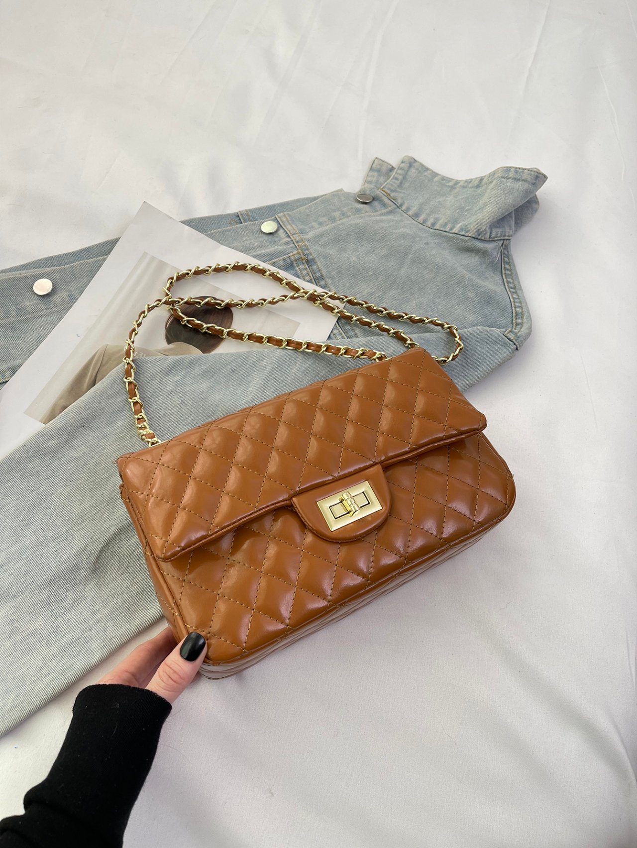 Brown Texture Shoulder Bag with Turn Lock