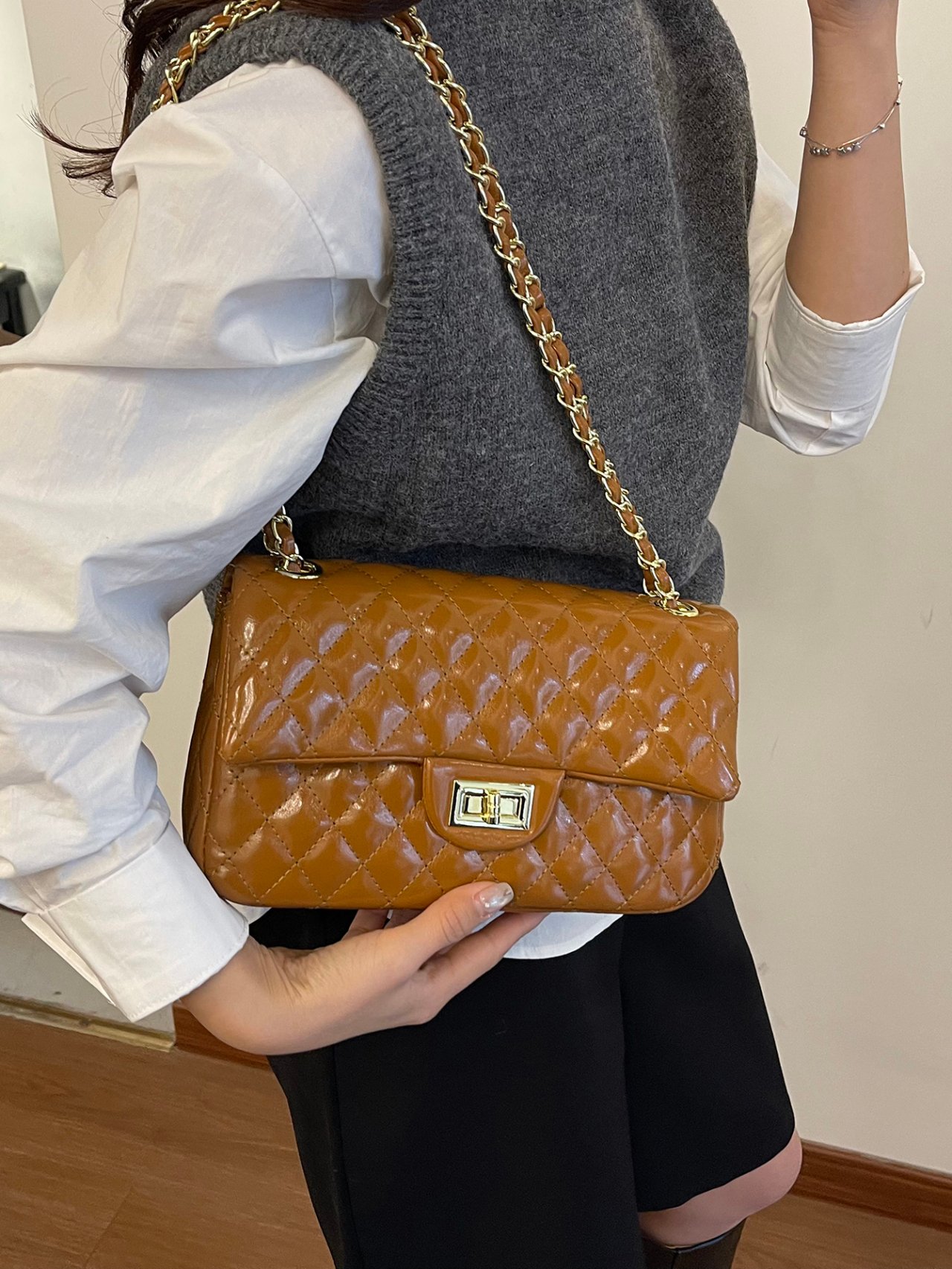 Brown Texture Shoulder Bag with Turn Lock