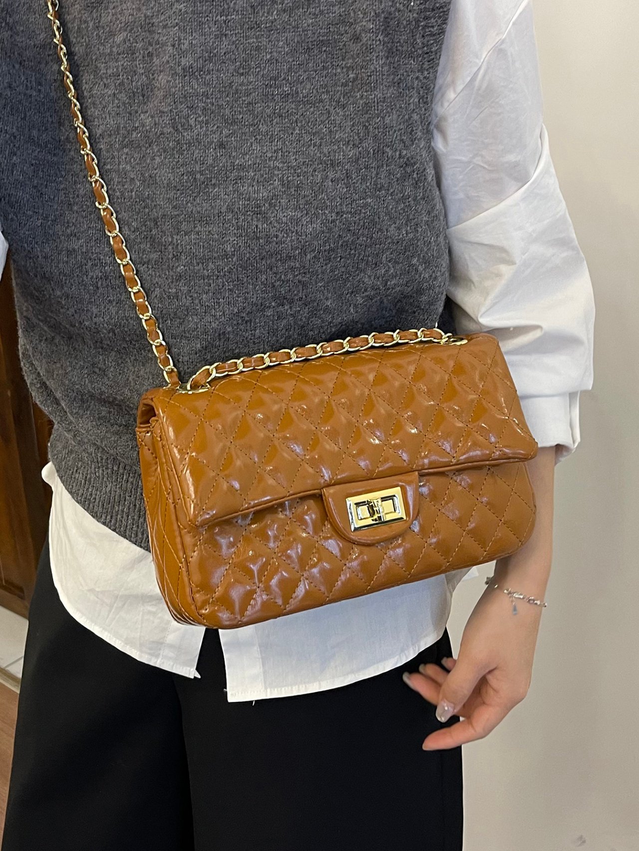 Brown Texture Shoulder Bag with Turn Lock