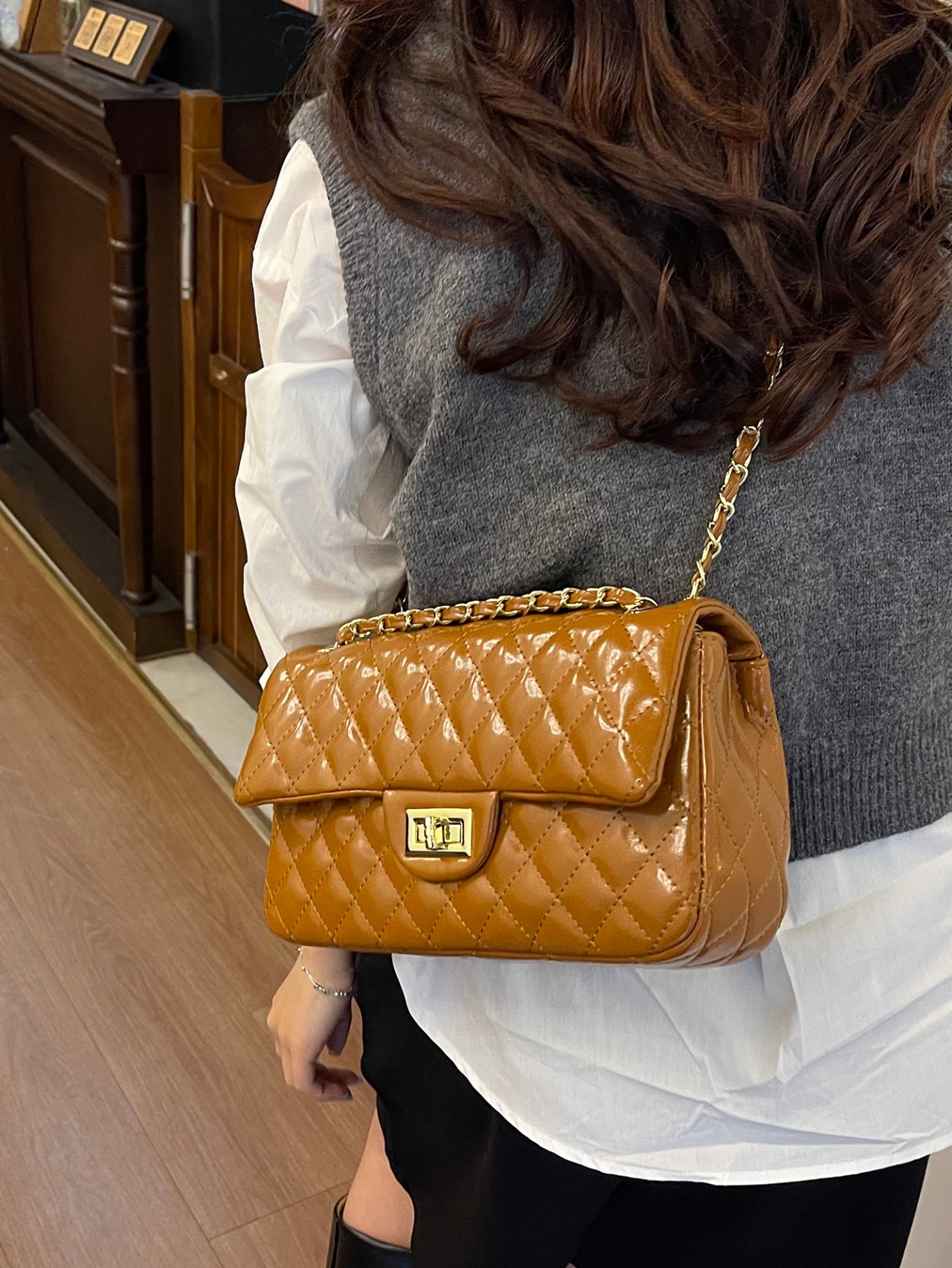 Brown Texture Shoulder Bag with Turn Lock