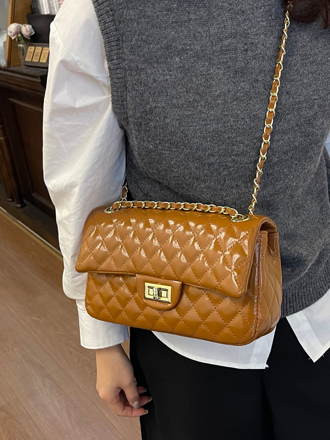 Brown Texture Shoulder Bag with Turn Lock