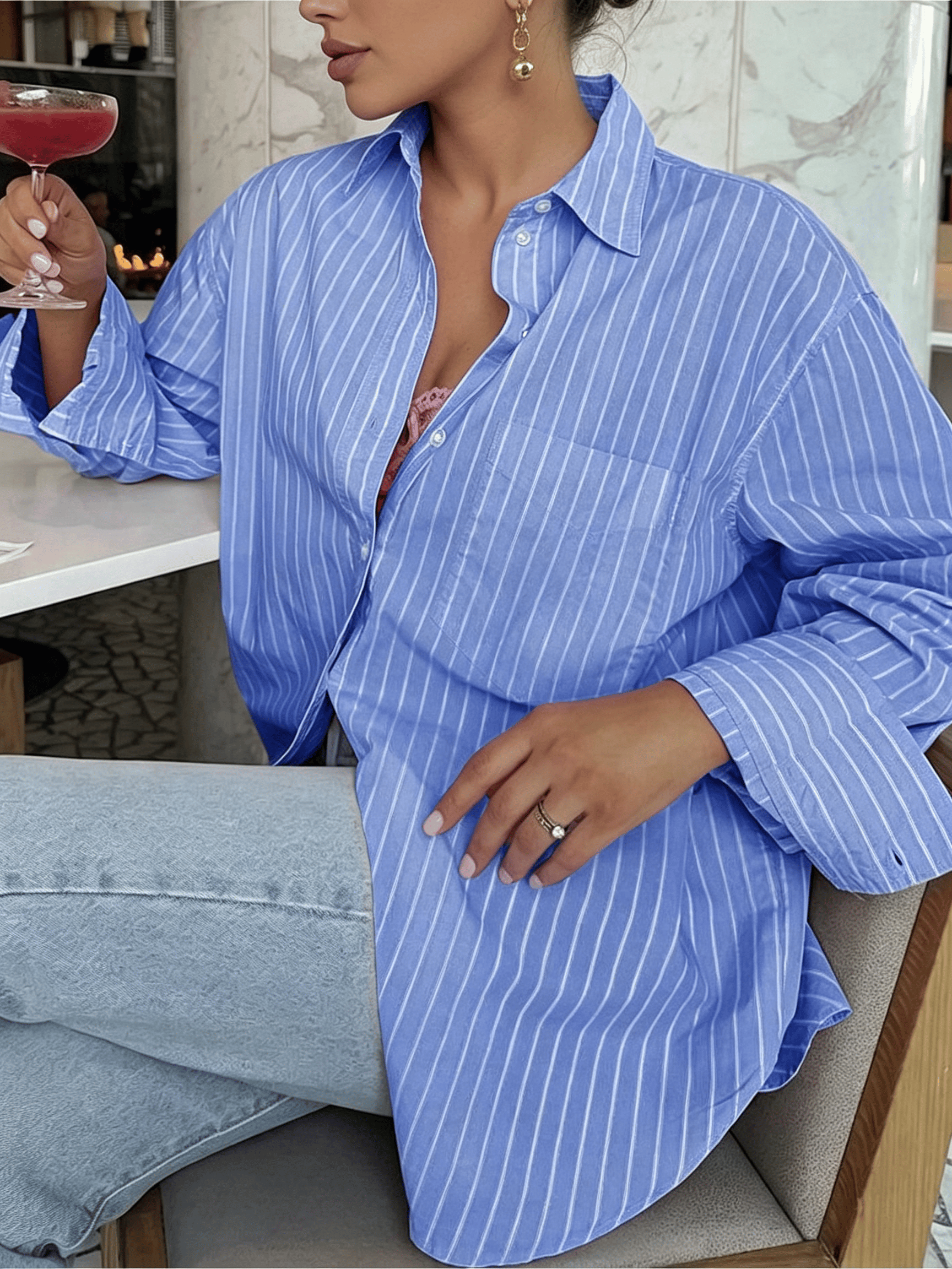 Blue Striped Long Sleeves Oversized Shirt