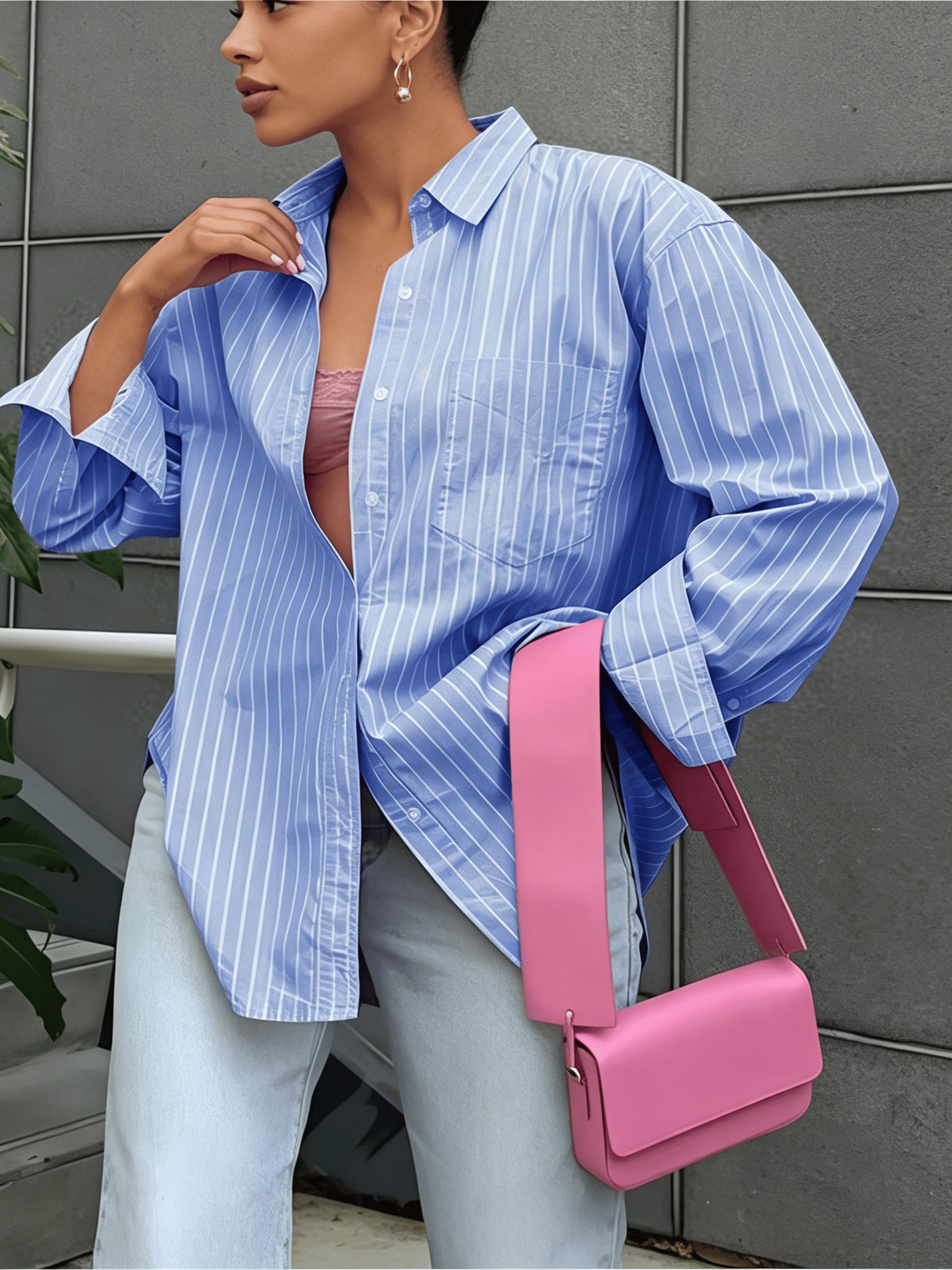 Blue Striped Long Sleeves Oversized Shirt