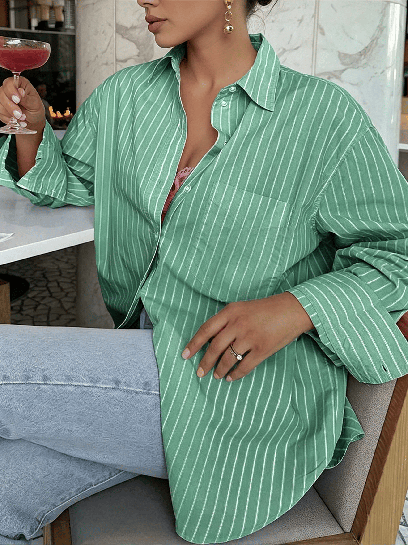 Green Striped Long Sleeves Oversized Shirt