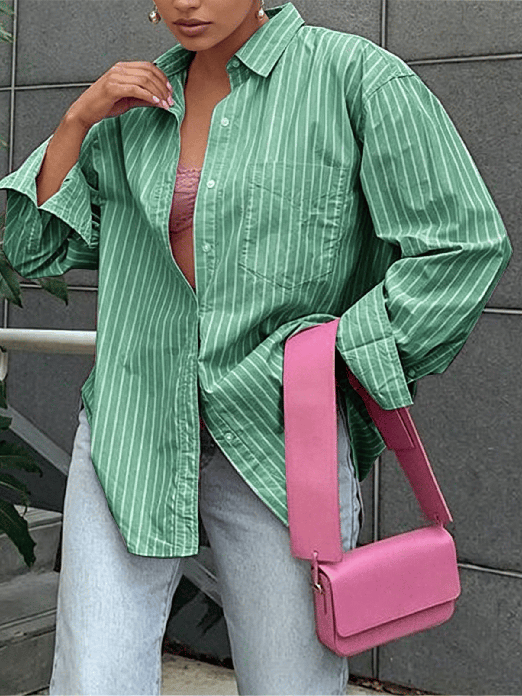 Green Striped Long Sleeves Oversized Shirt