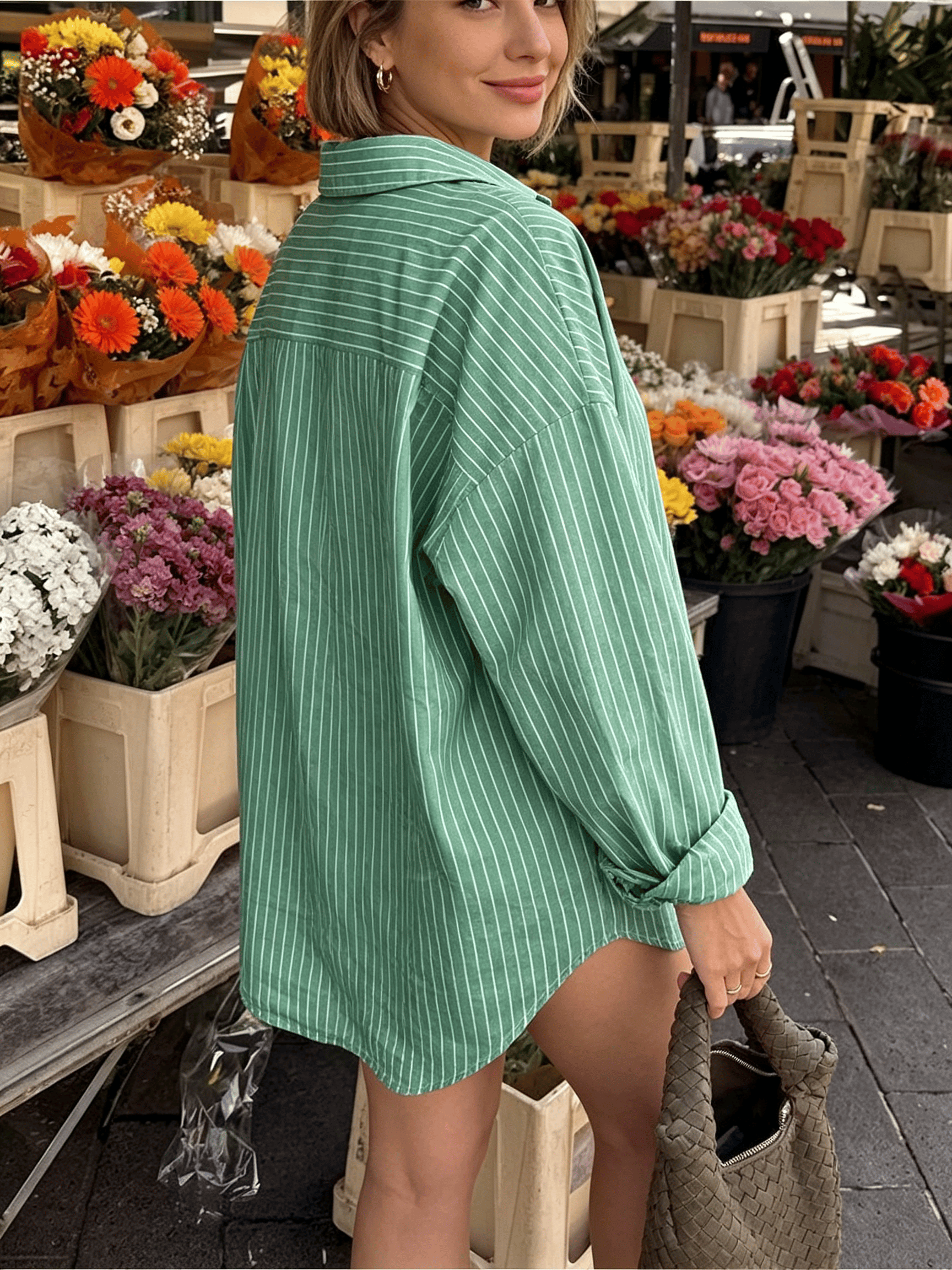 Green Striped Long Sleeves Oversized Shirt