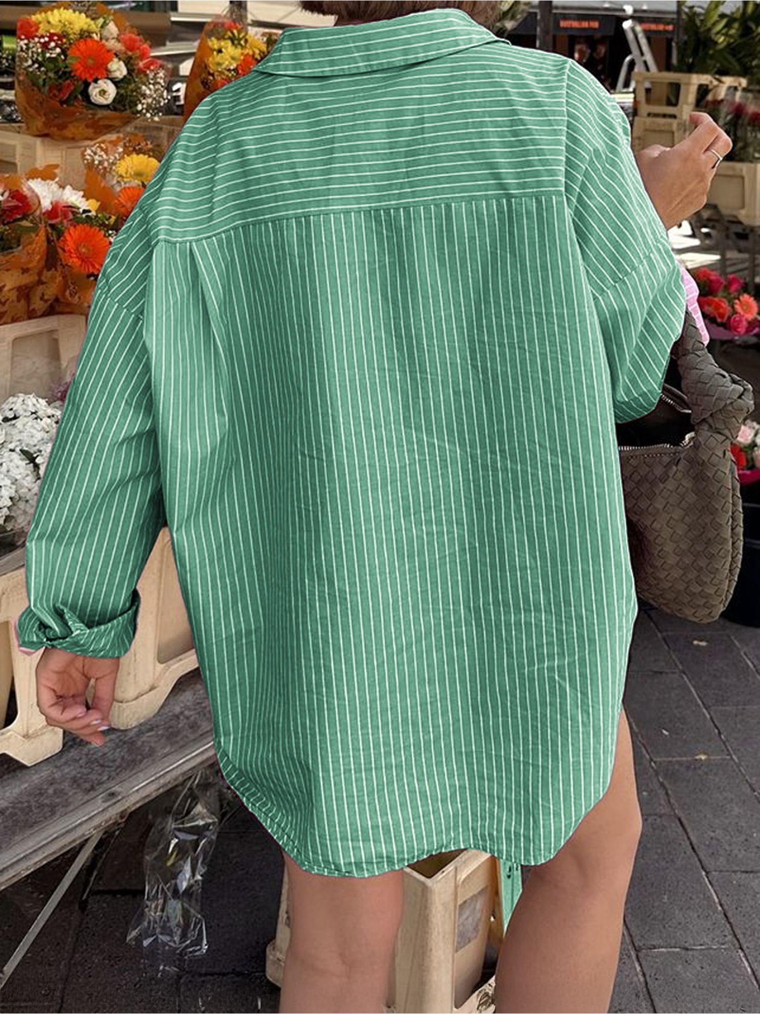 Green Striped Long Sleeves Oversized Shirt