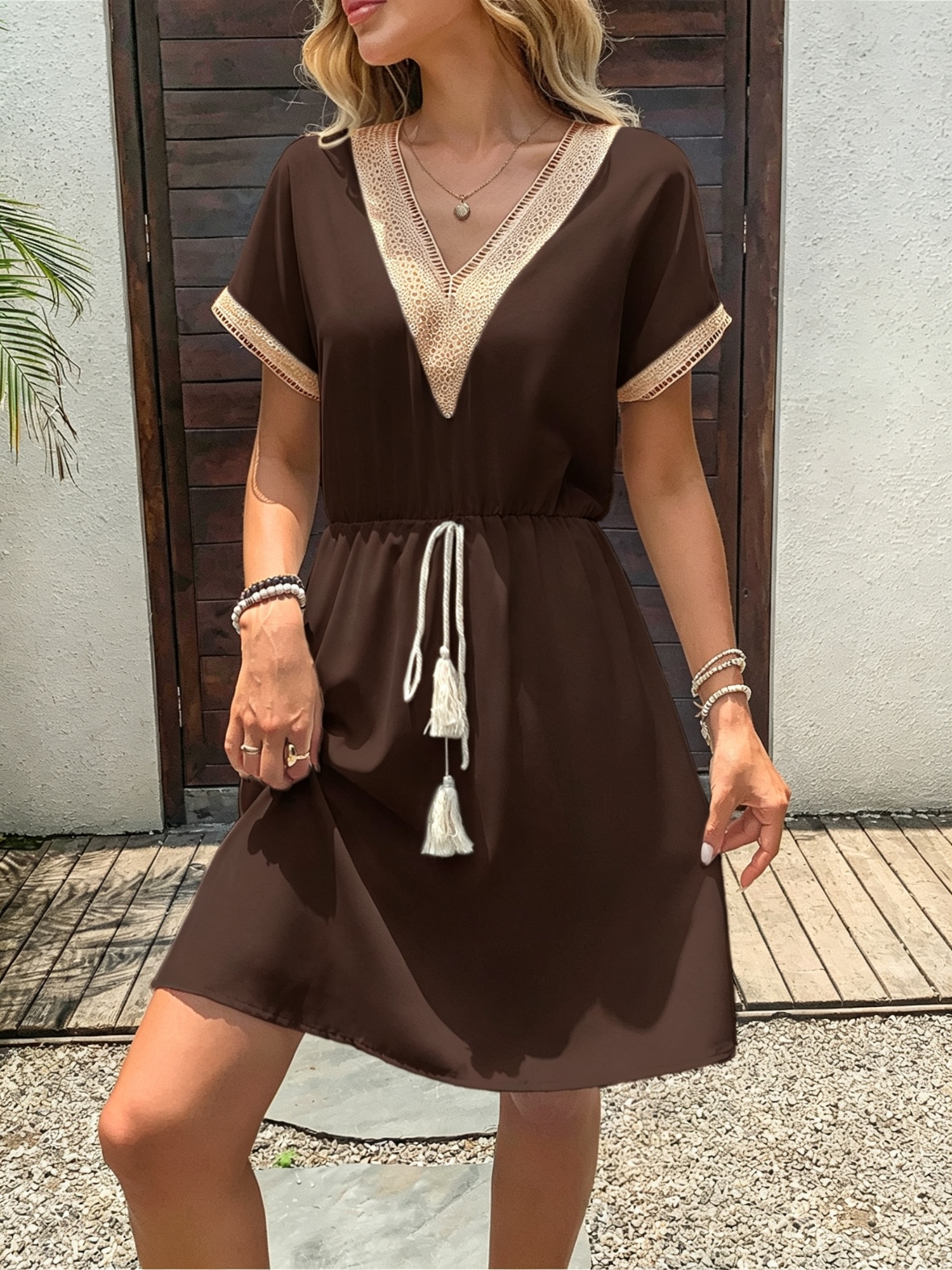 Brown A-Line Dress with V-Neck Lace Trim