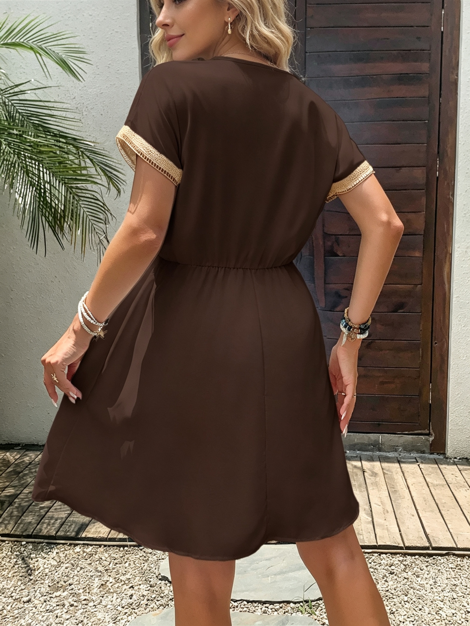 Brown A-Line Dress with V-Neck Lace Trim