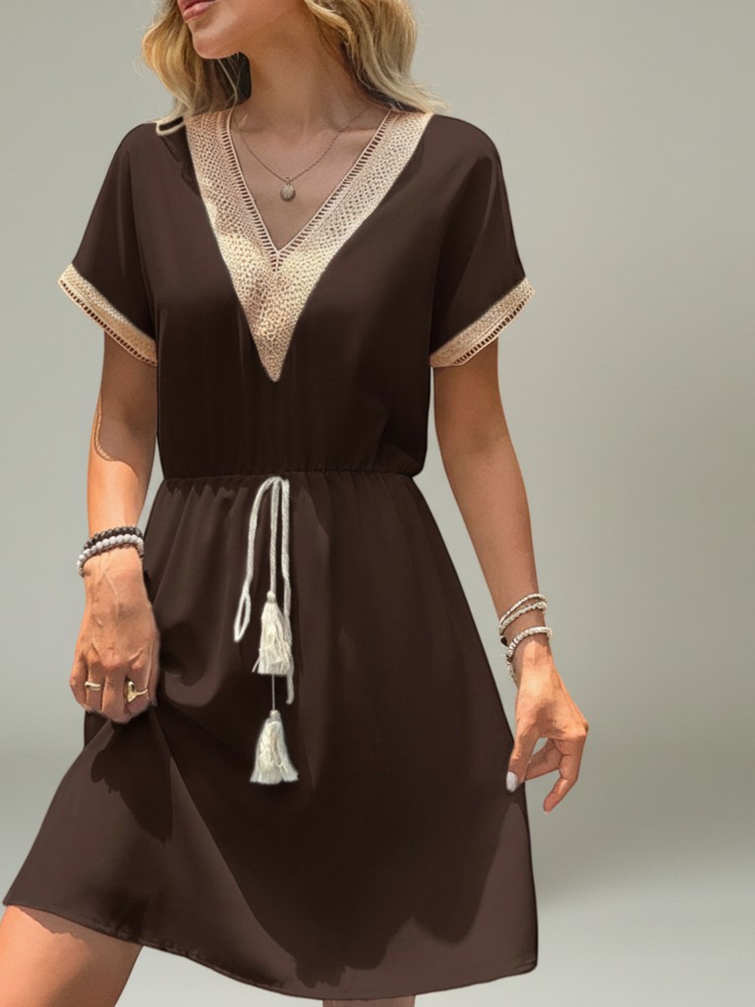 Brown A-Line Dress with V-Neck Lace Trim