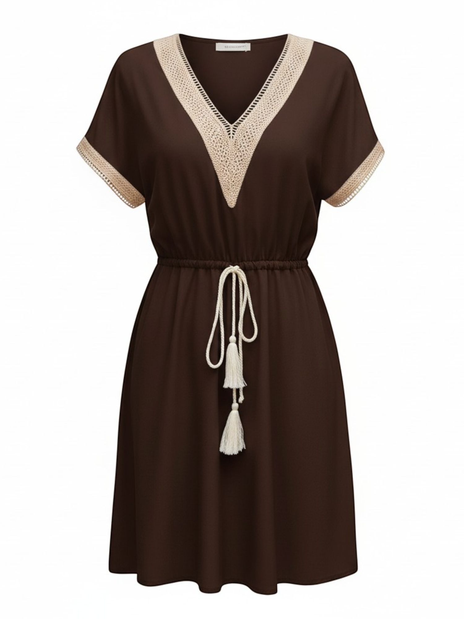 Brown A-Line Dress with V-Neck Lace Trim