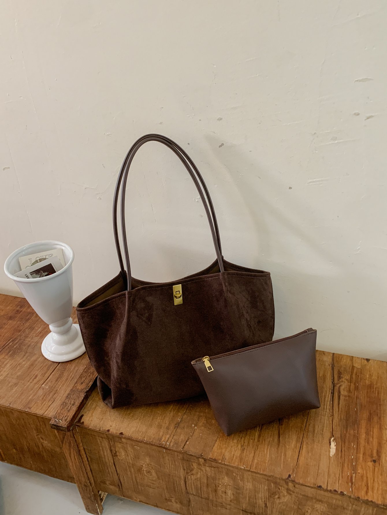 Coffee Brown Solid Shoulder Bag with Push Lock