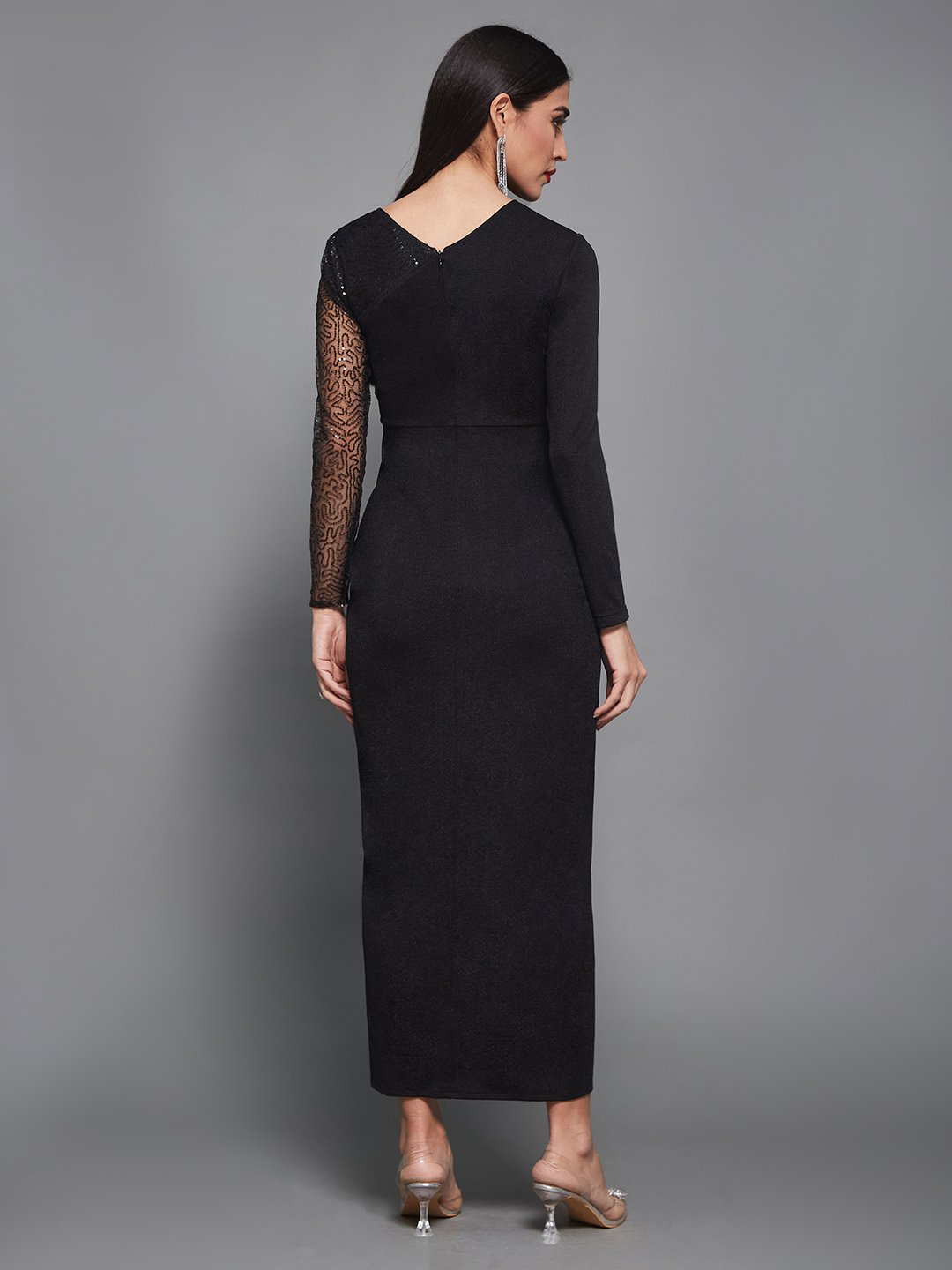 Black Solid V Neck Sheath Midi Dress
