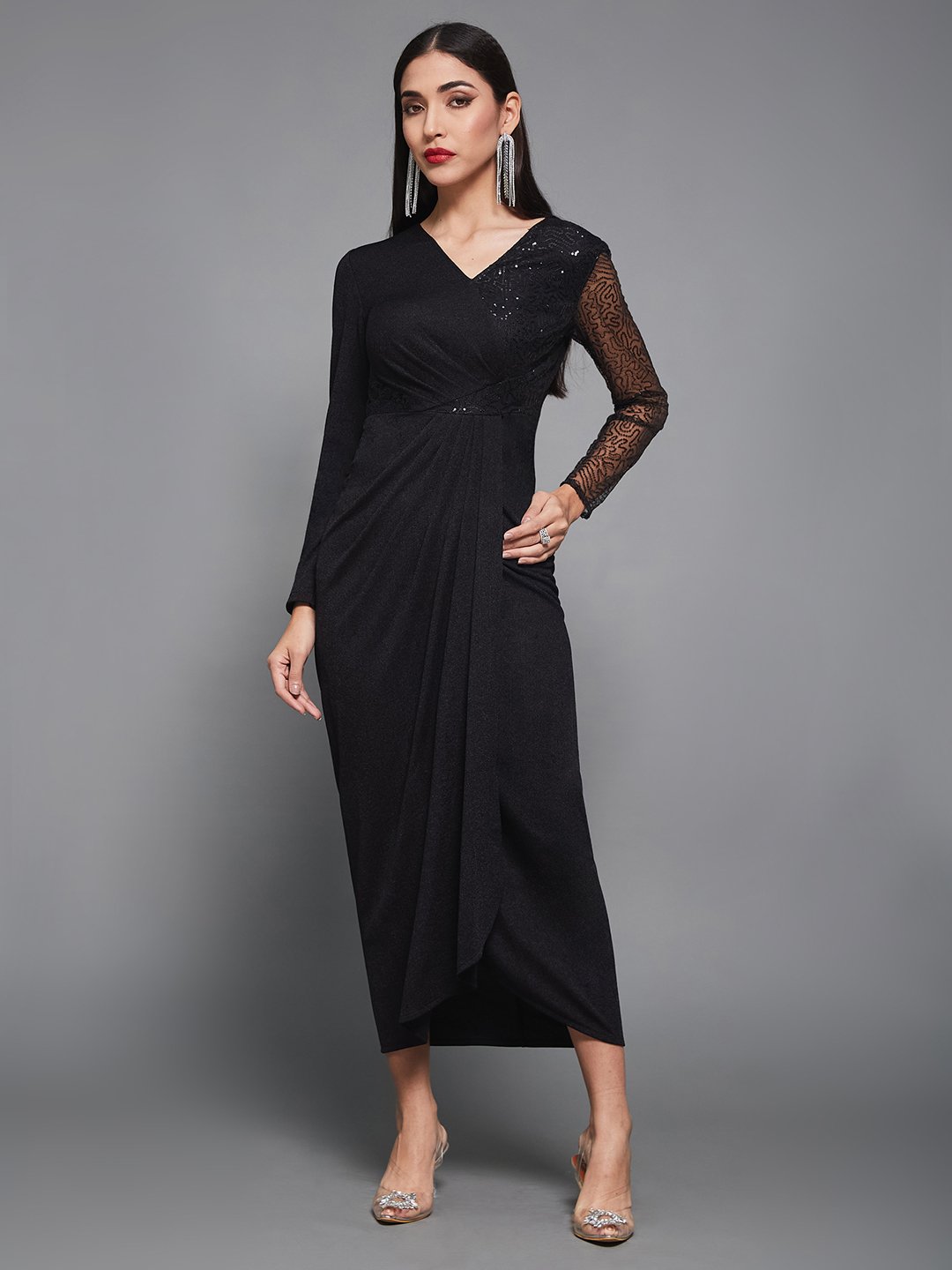 Black Solid V Neck Sheath Midi Dress