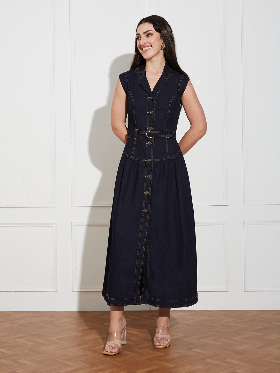 Dark Blue Solid Collared A-Line Midi Dress