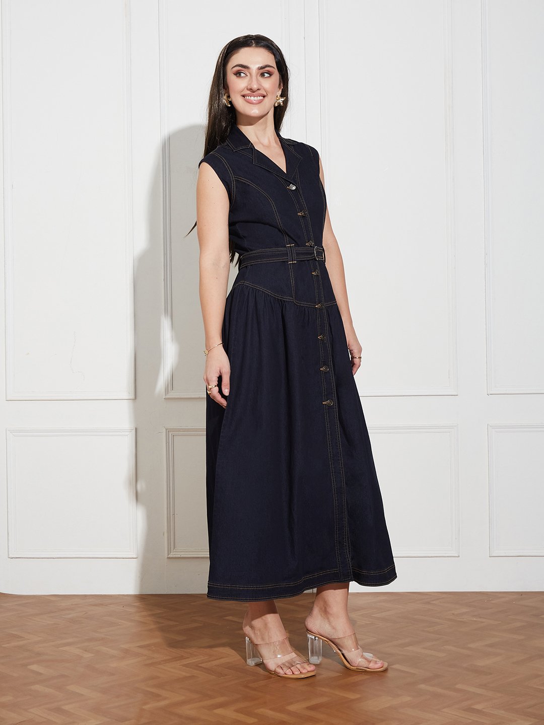 Dark Blue Solid Collared A-Line Midi Dress
