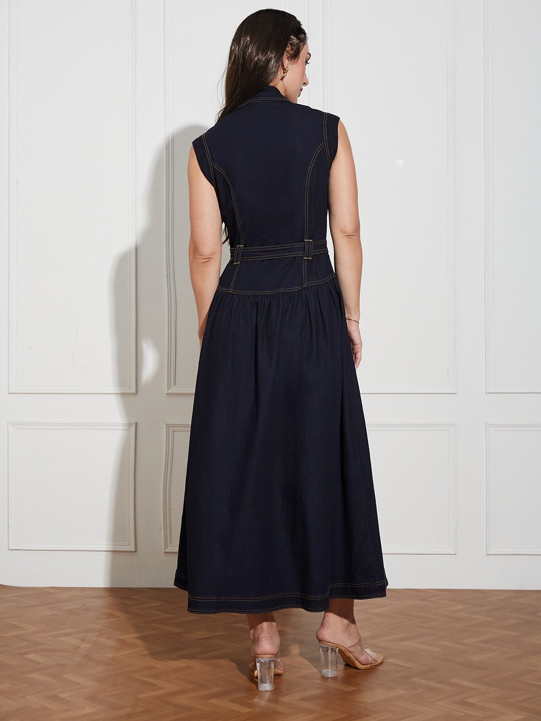 Dark Blue Solid Collared A-Line Midi Dress