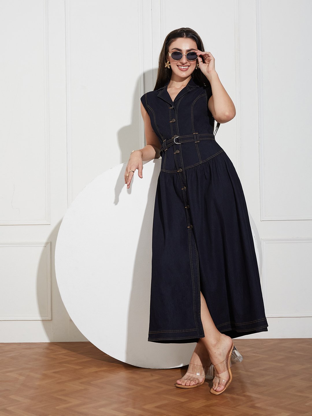 Dark Blue Solid Collared A-Line Midi Dress