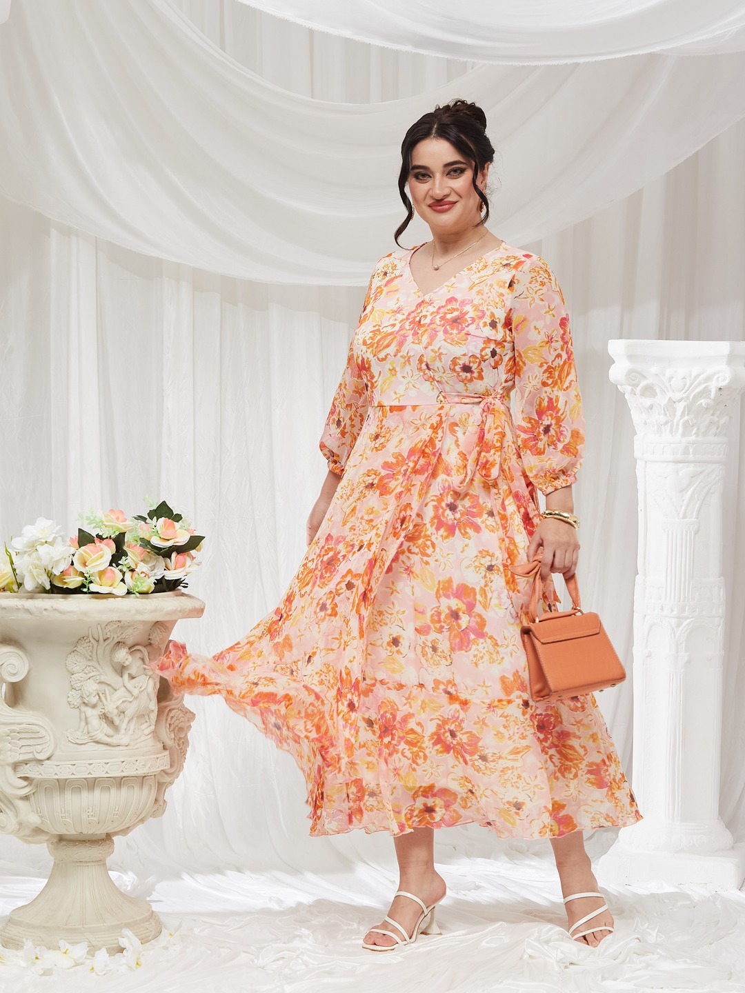 Multi Printed V Neck Fit and Flare Ankle length Dress