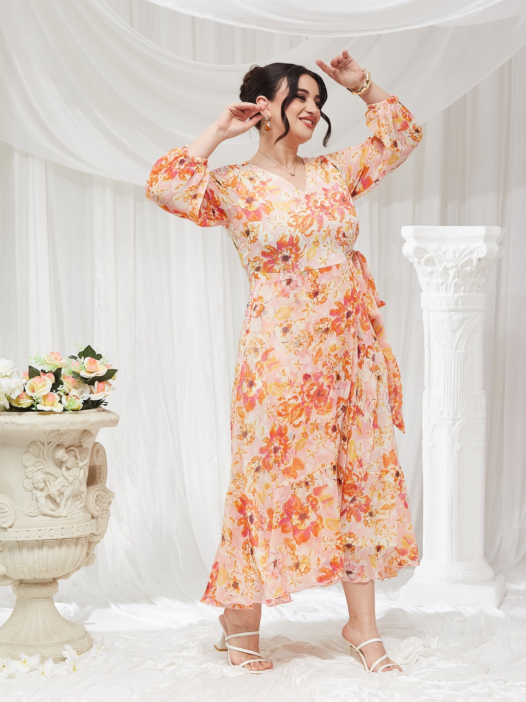 Multi Printed V Neck Fit and Flare Ankle length Dress