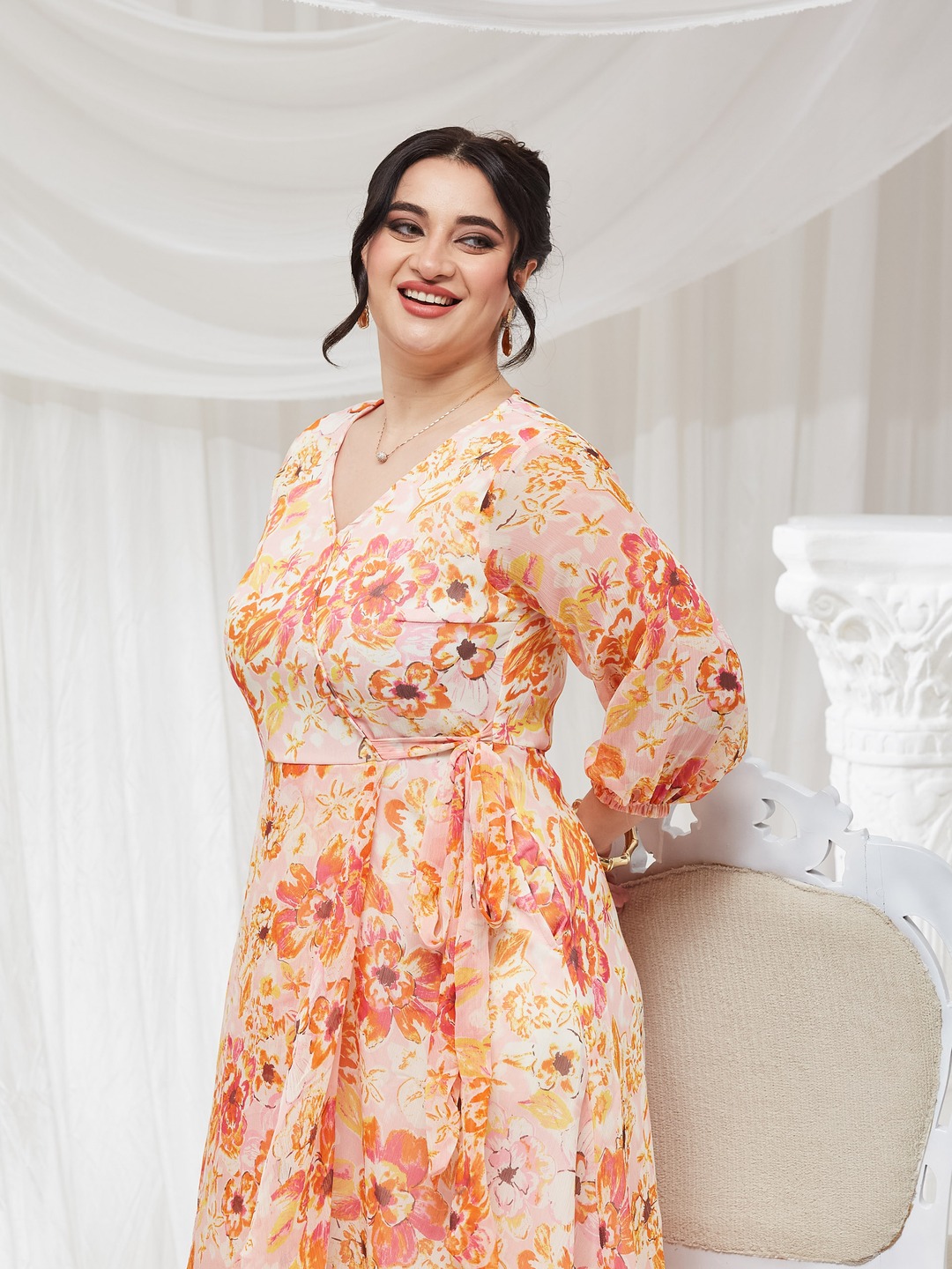 Multi Printed V Neck Fit and Flare Ankle length Dress